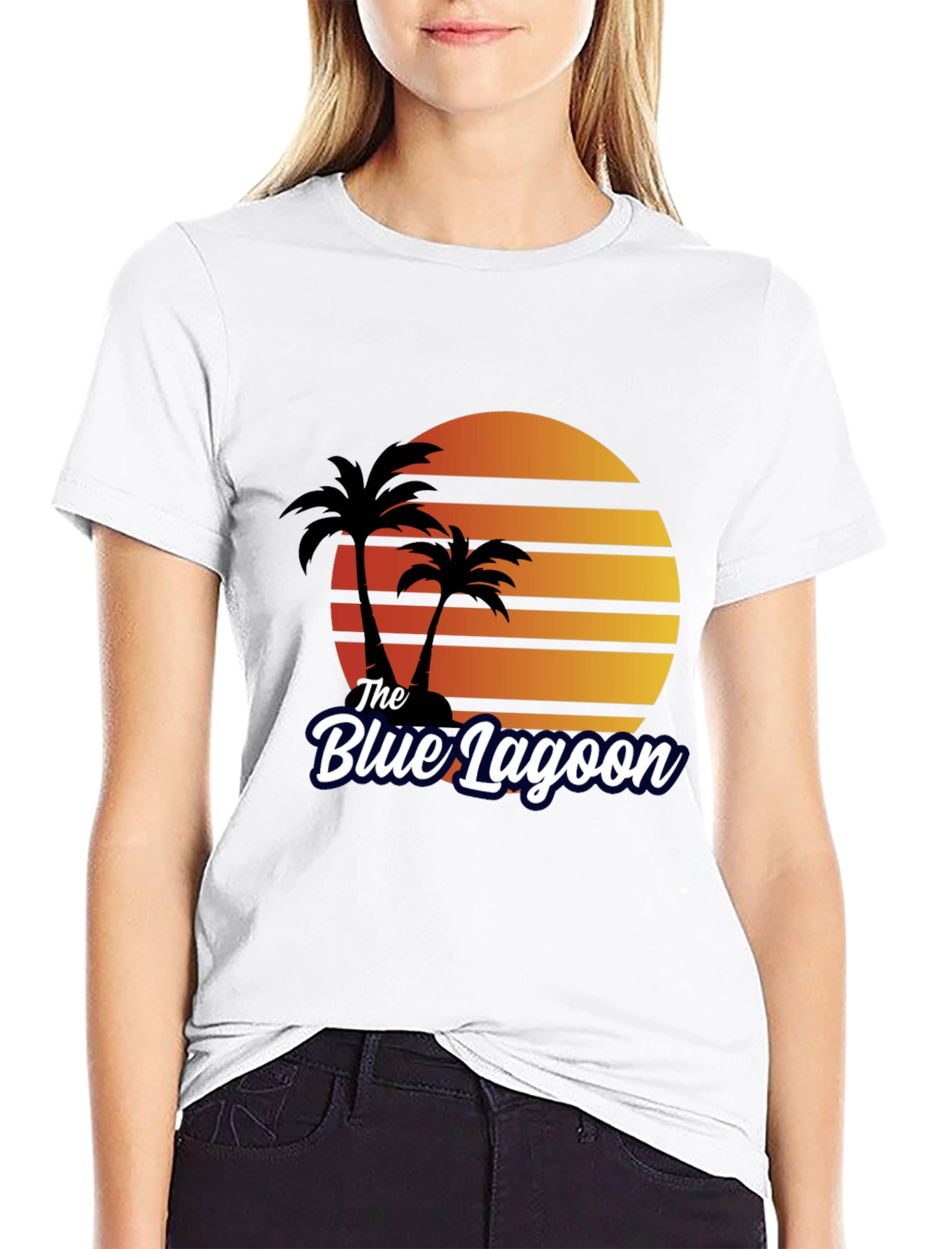 Black The Blue Lagoon Retro T-Shirt - Palm Tree Sunset Tee view 9