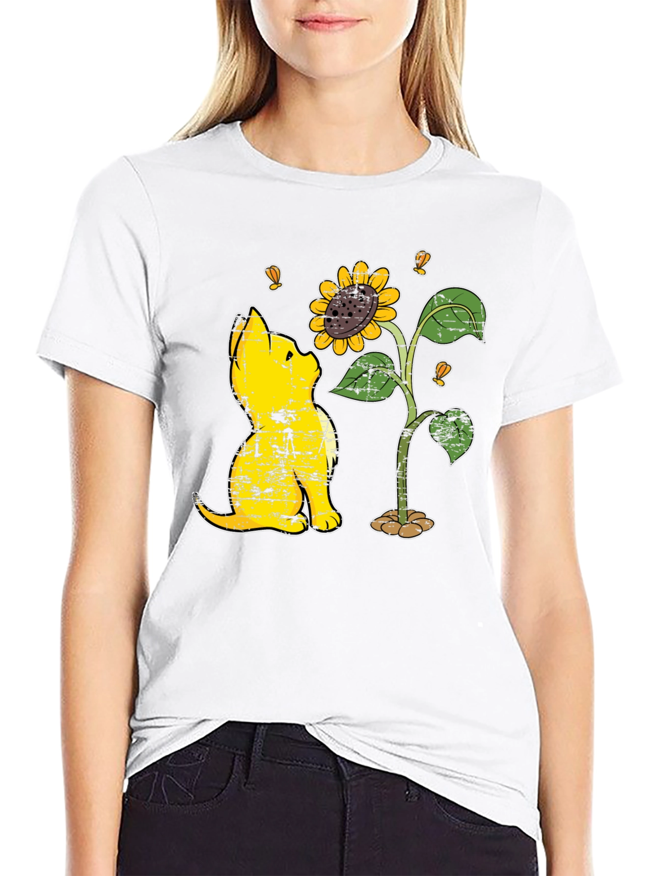 Black Cat & Sunflower Graphic T-Shirt - Casual Black Tee view 9