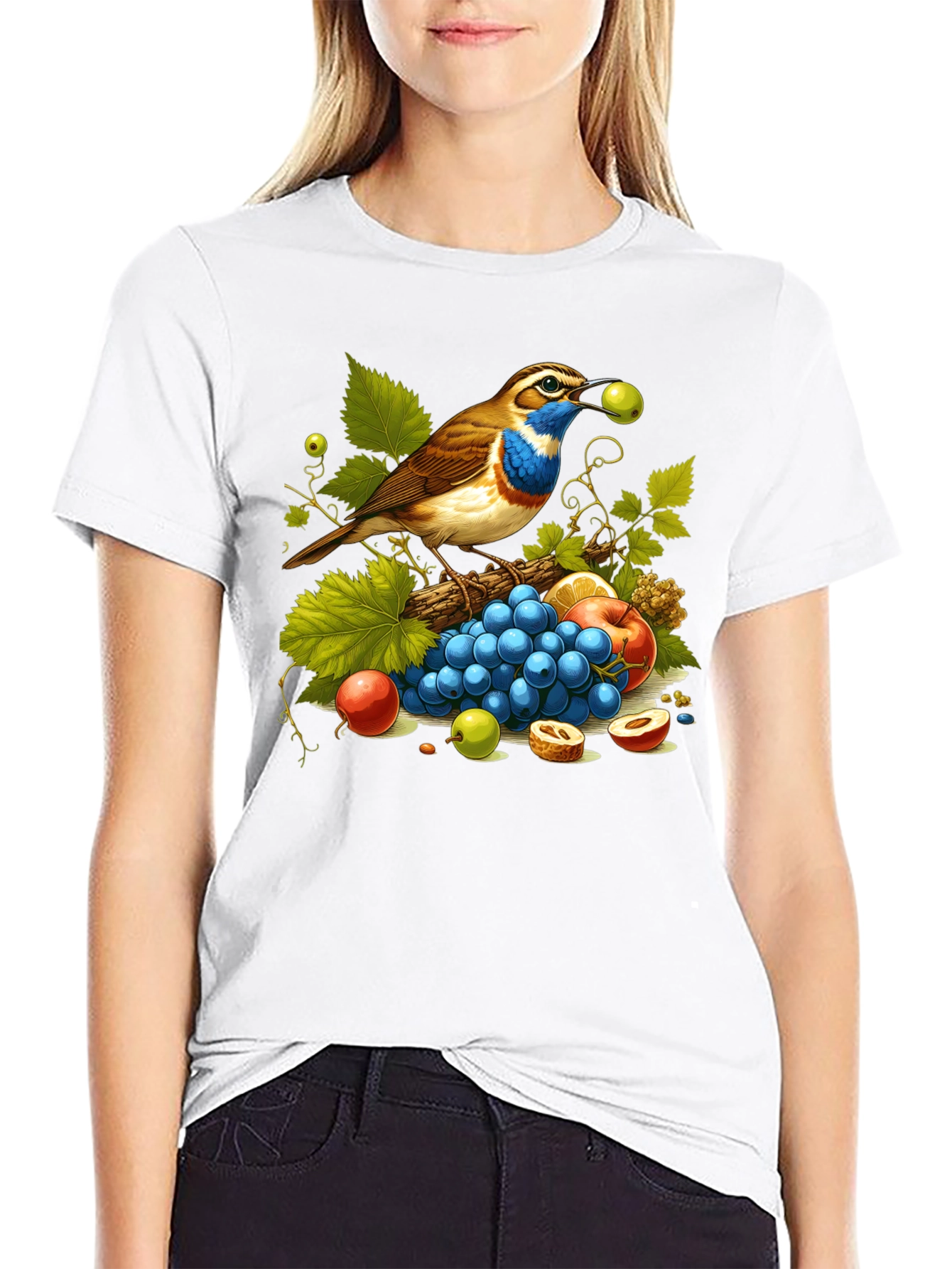 Black Bird and Fruit Graphic T-Shirt - Unisex Black Tee view 9