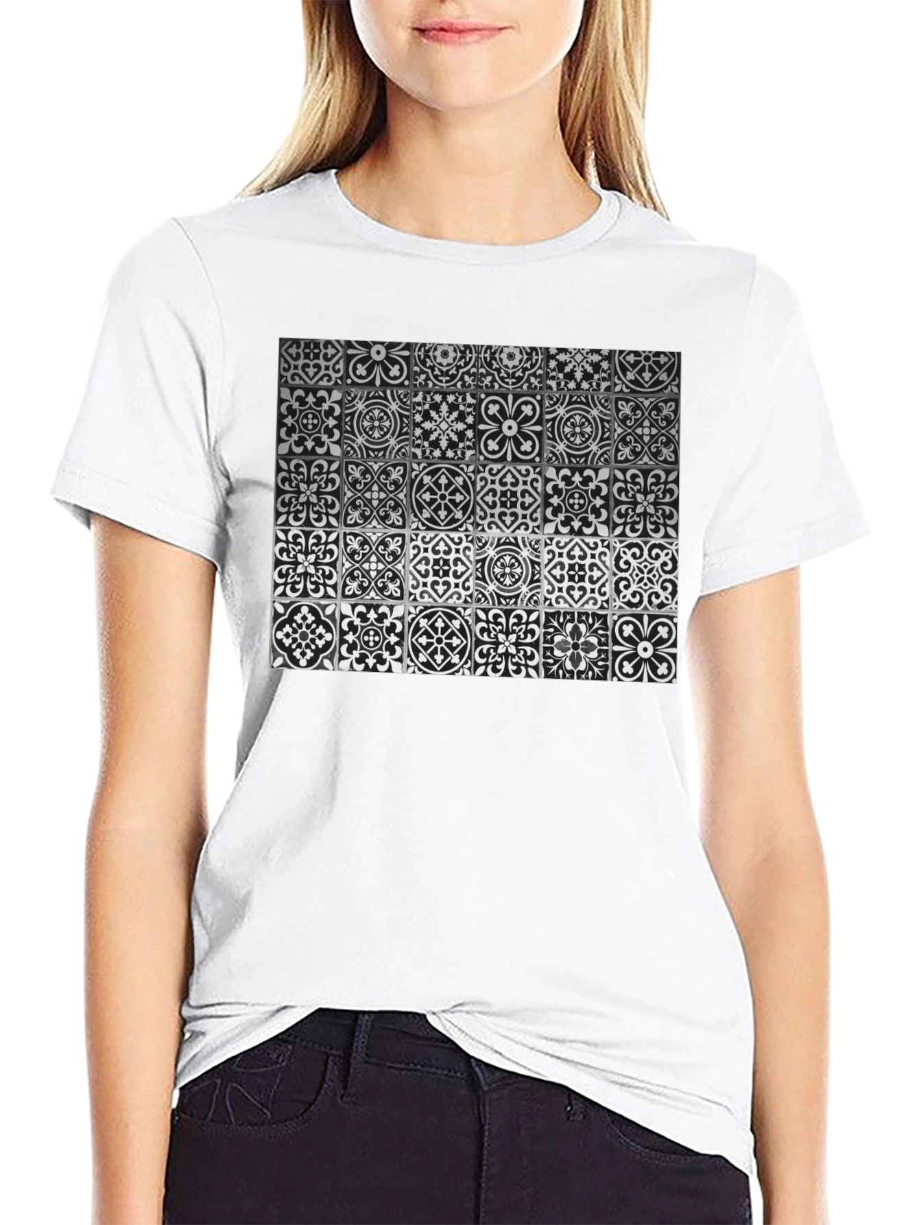 Black Patterned Tile Print Black T-Shirt view 9