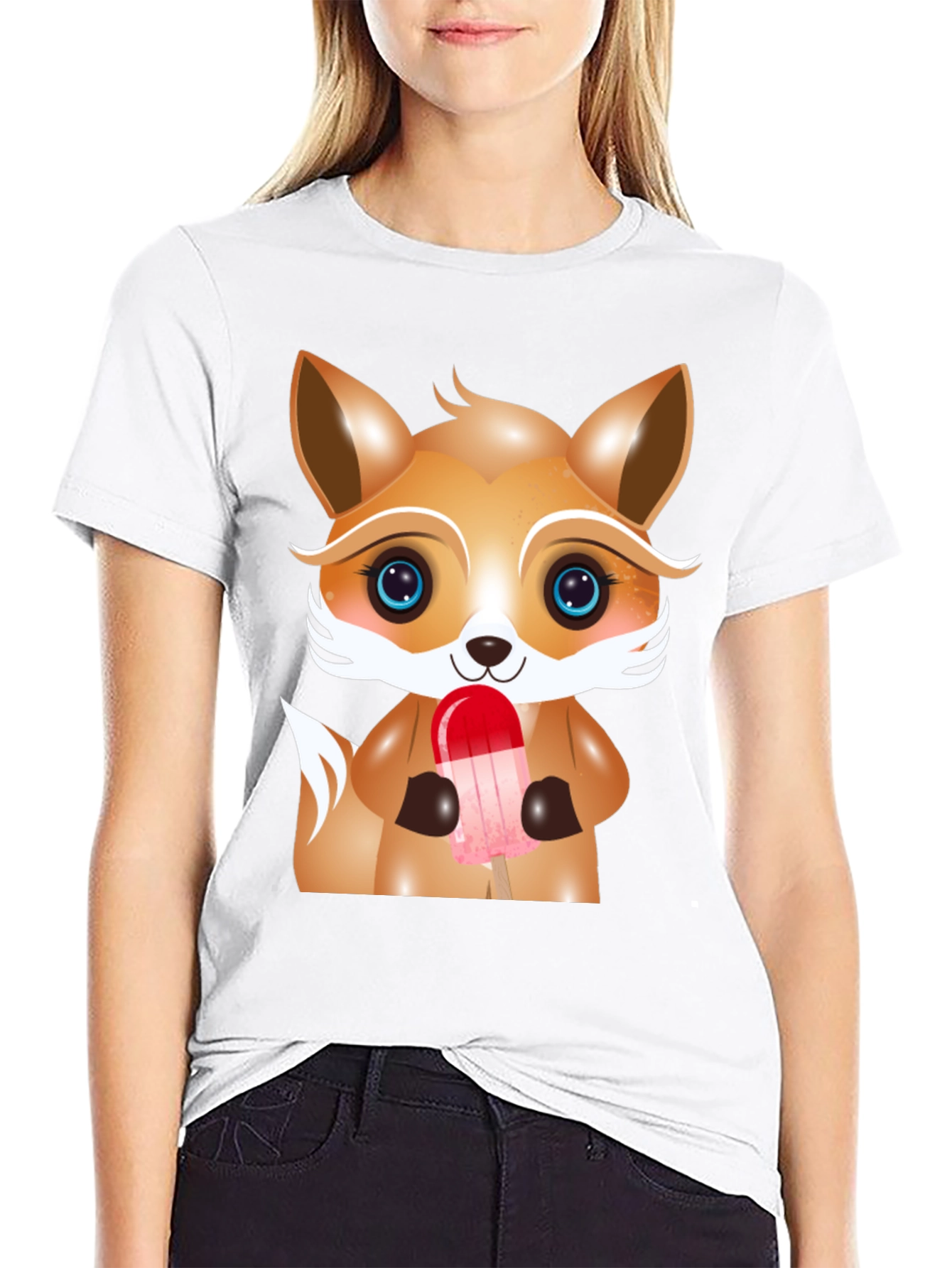Black Cute Cartoon Fox Ice Cream Graphic Tee view 9