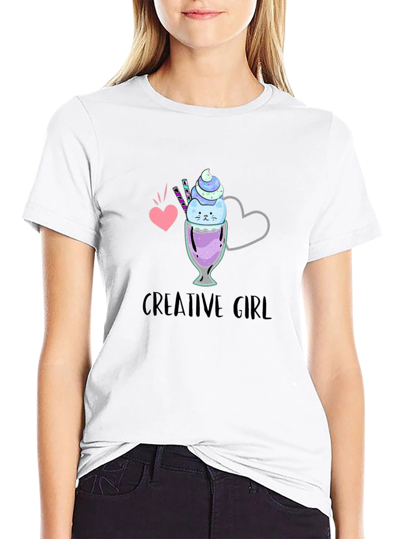 Black Creative Girl Ice Cream Cat Graphic Black T-Shirt view 9