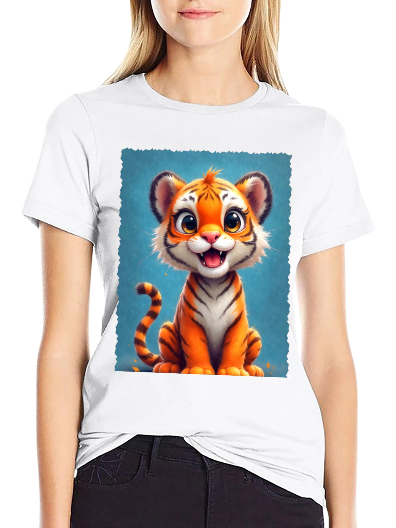 Black Cute Cartoon Tiger Graphic Tee view 9