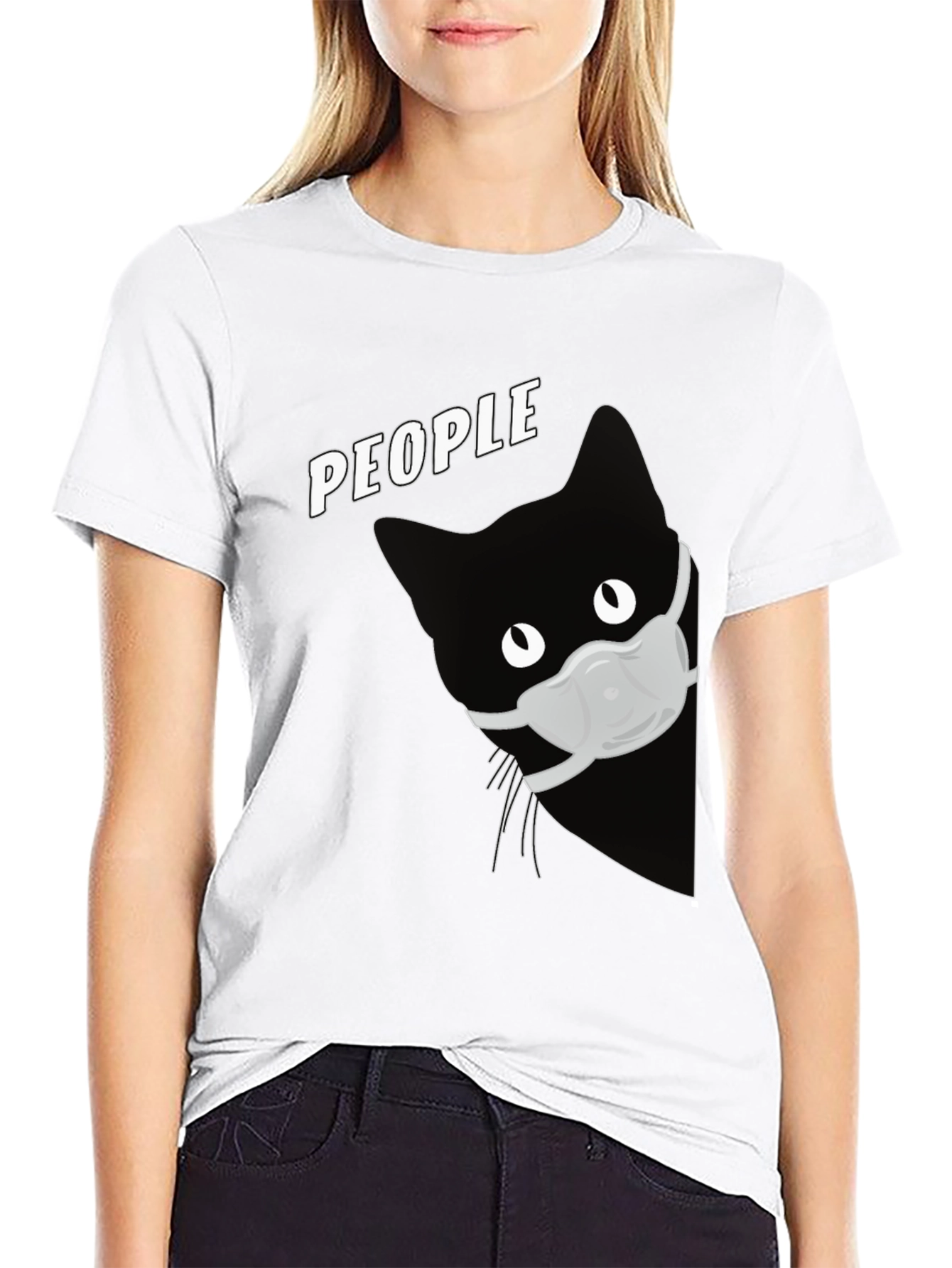 Black Cat with Mask Graphic T-Shirt - People view 9