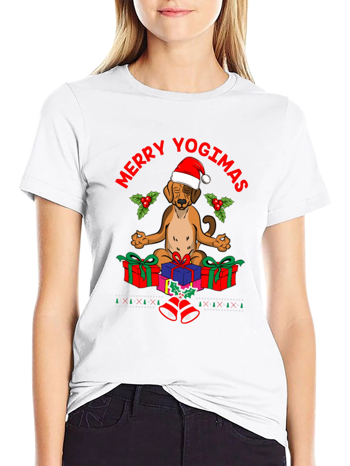 Black Merry Yogimas Dog T-Shirt - Holiday Yoga Gifts view 9