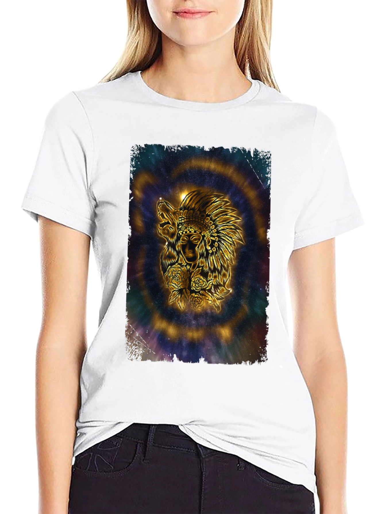 Black Native American Wolf Graphic T-Shirt - Black view 9