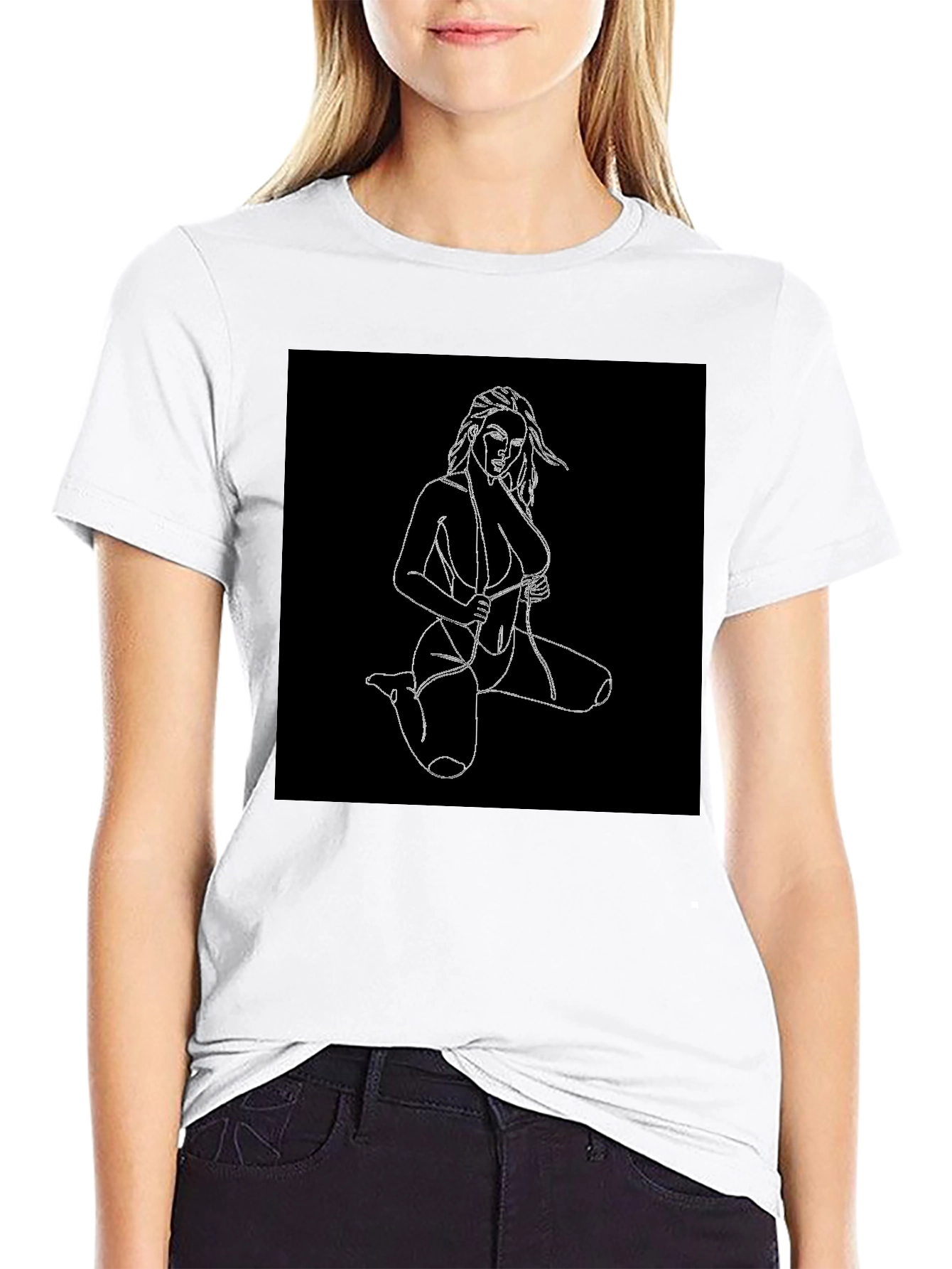 Black Black T-Shirt with Line Art Woman Design view 9