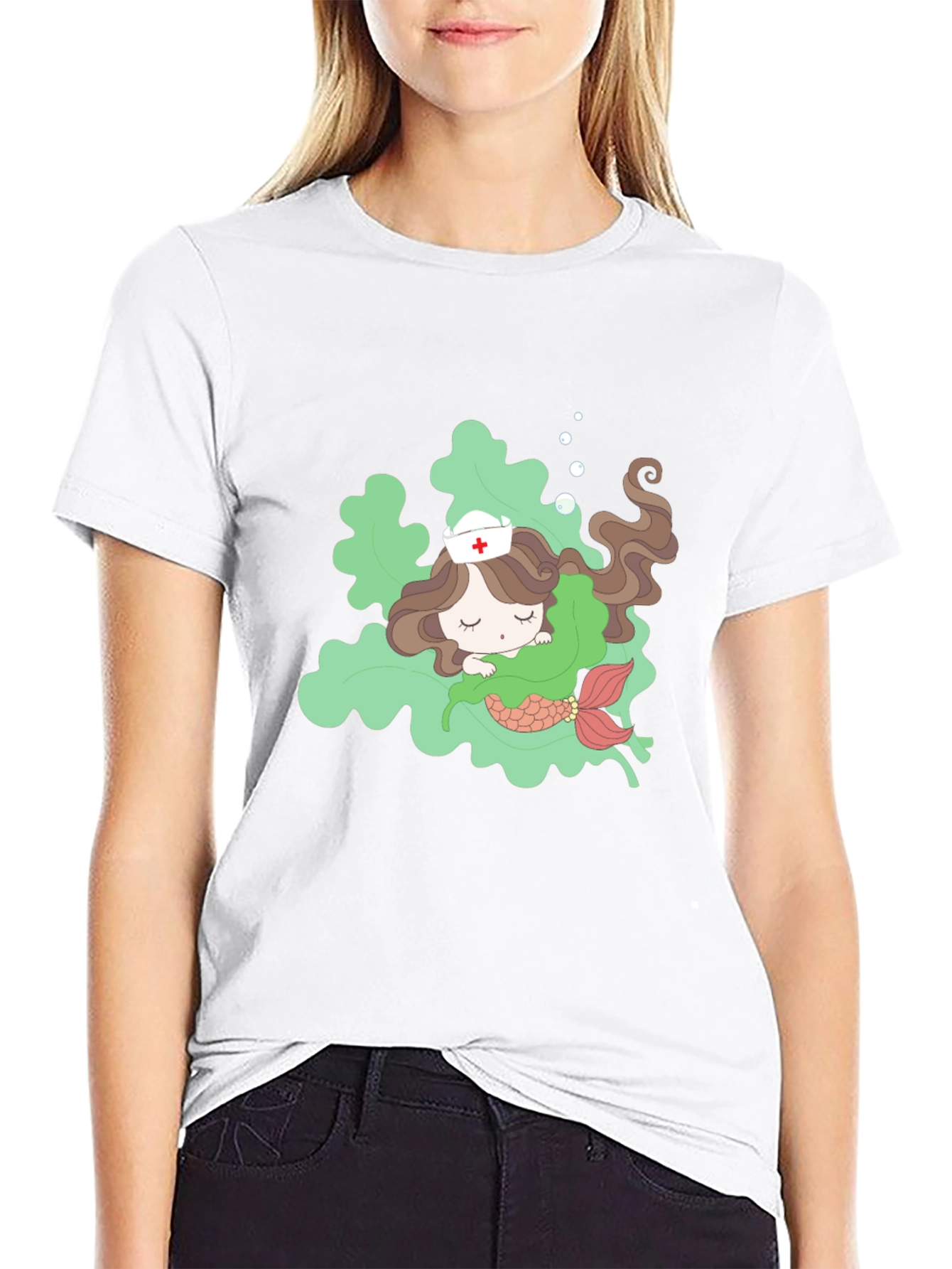 Black Mermaid Nurse T-Shirt - Cute Cartoon Design view 9