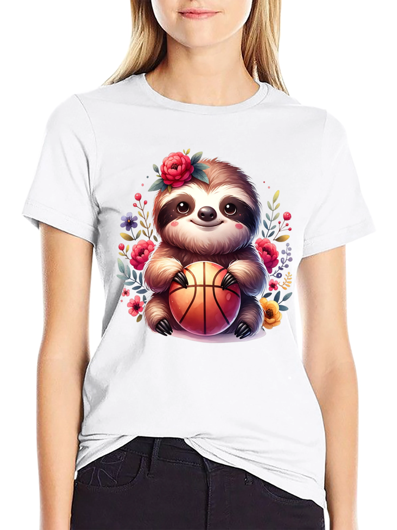 Black Sloth Basketball T-Shirt - Floral Cute Design view 9