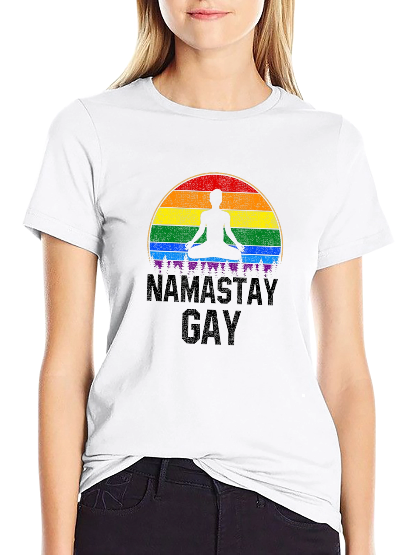 Black Namastay Gay T-Shirt: Pride Rainbow Yoga Tee view 9