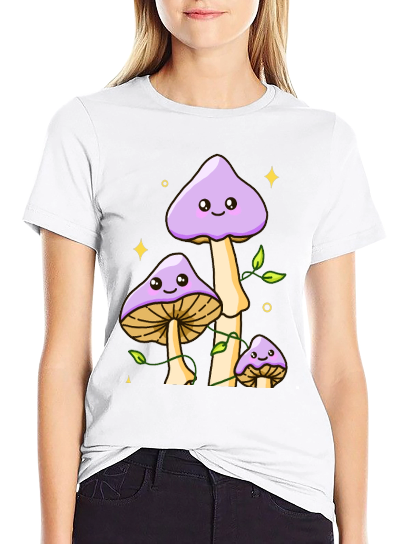 Black Cute Mushroom Graphic Tee - Black Cotton Shirt view 9