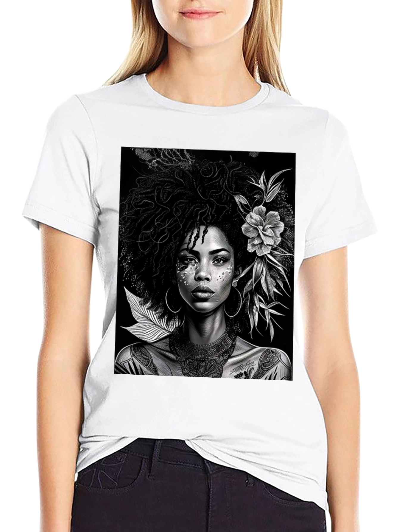 Black Woman Portrait Graphic Tee - Elegant Black T-Shirt view 9
