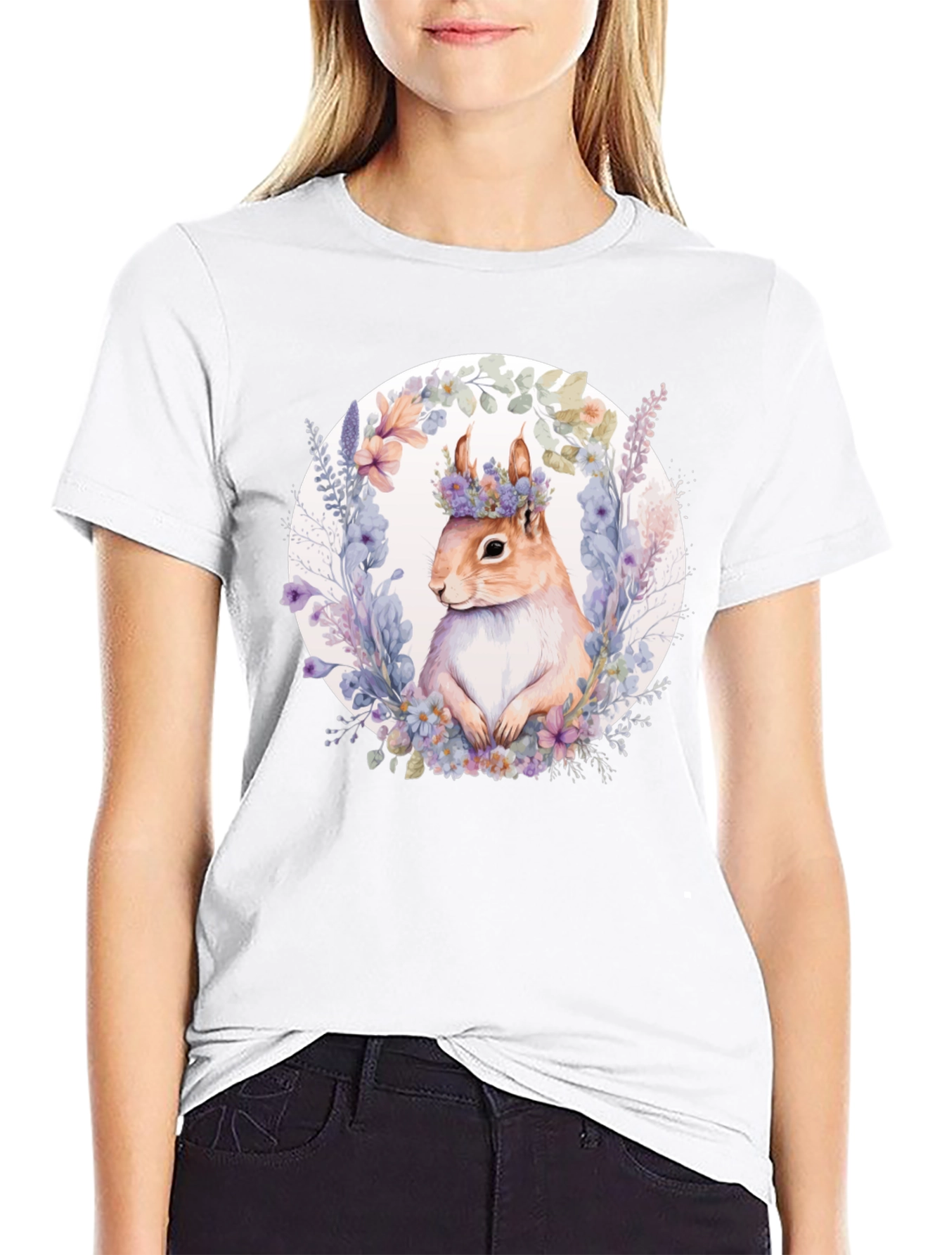Black Squirrel Floral Wreath Black T-Shirt view 9