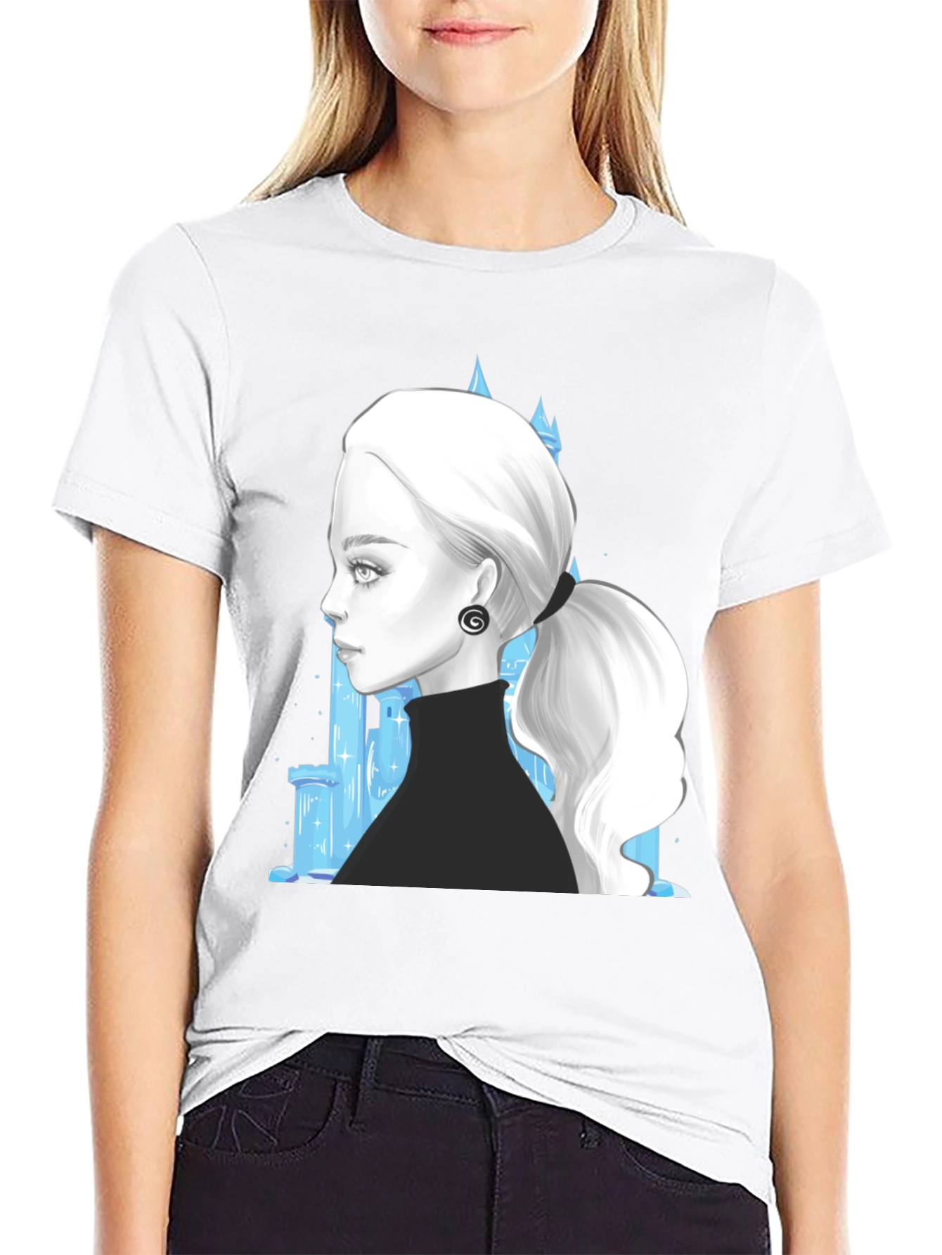 Black Elegant Woman & Ice Castle Graphic Black T-Shirt view 9