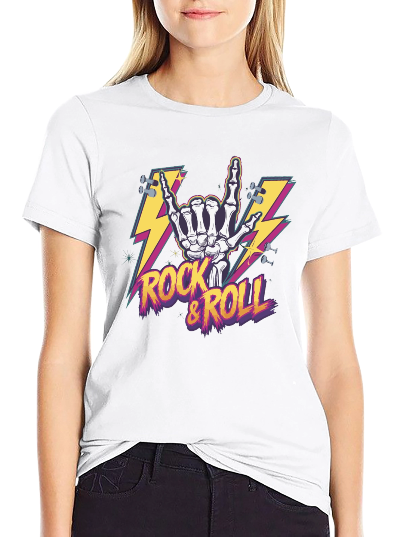 Black Rock & Roll Skeleton Hand Graphic T-Shirt view 9
