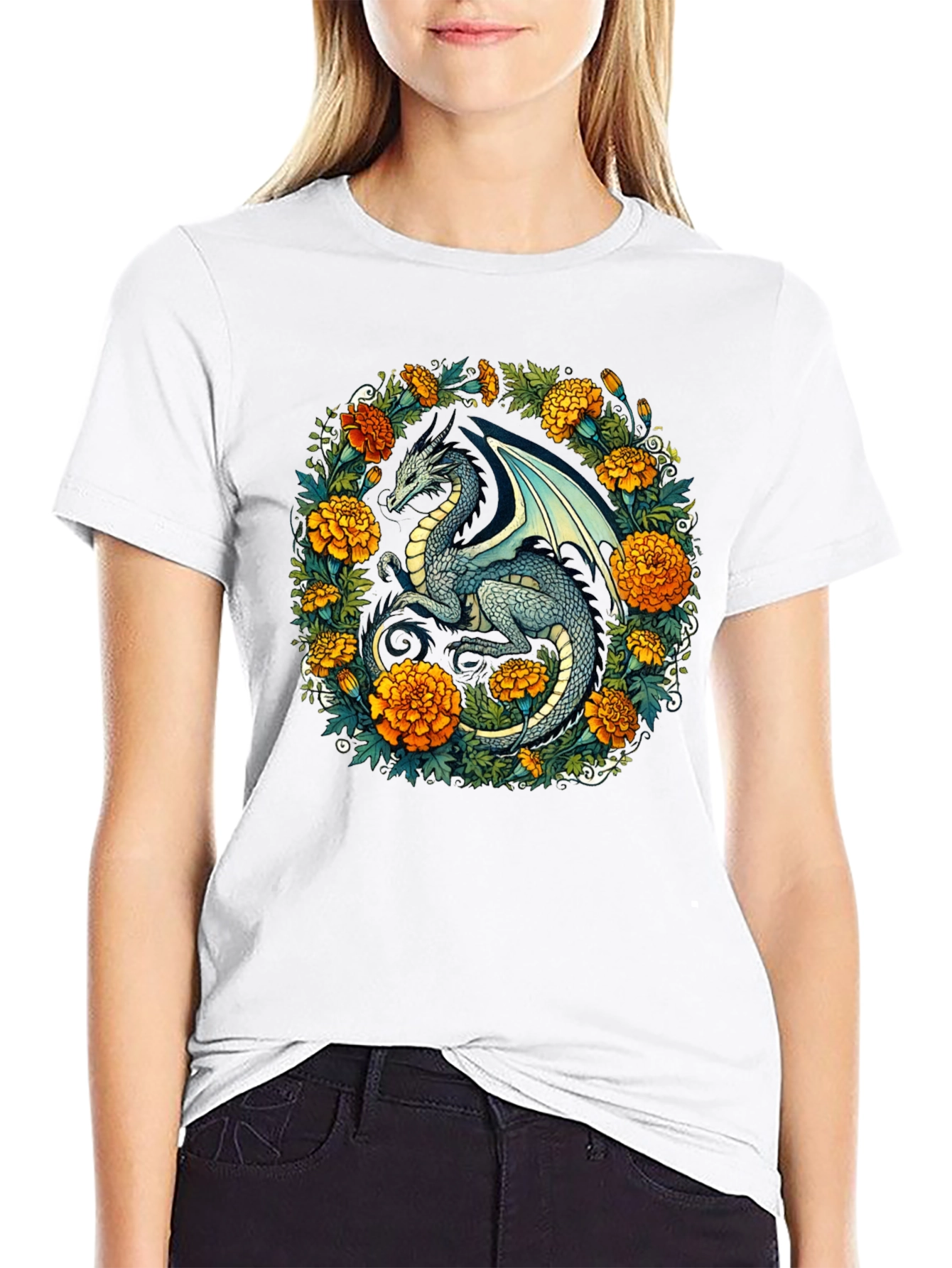 Black Dragon Floral T-Shirt - Fantasy Creature Graphic Tee view 9