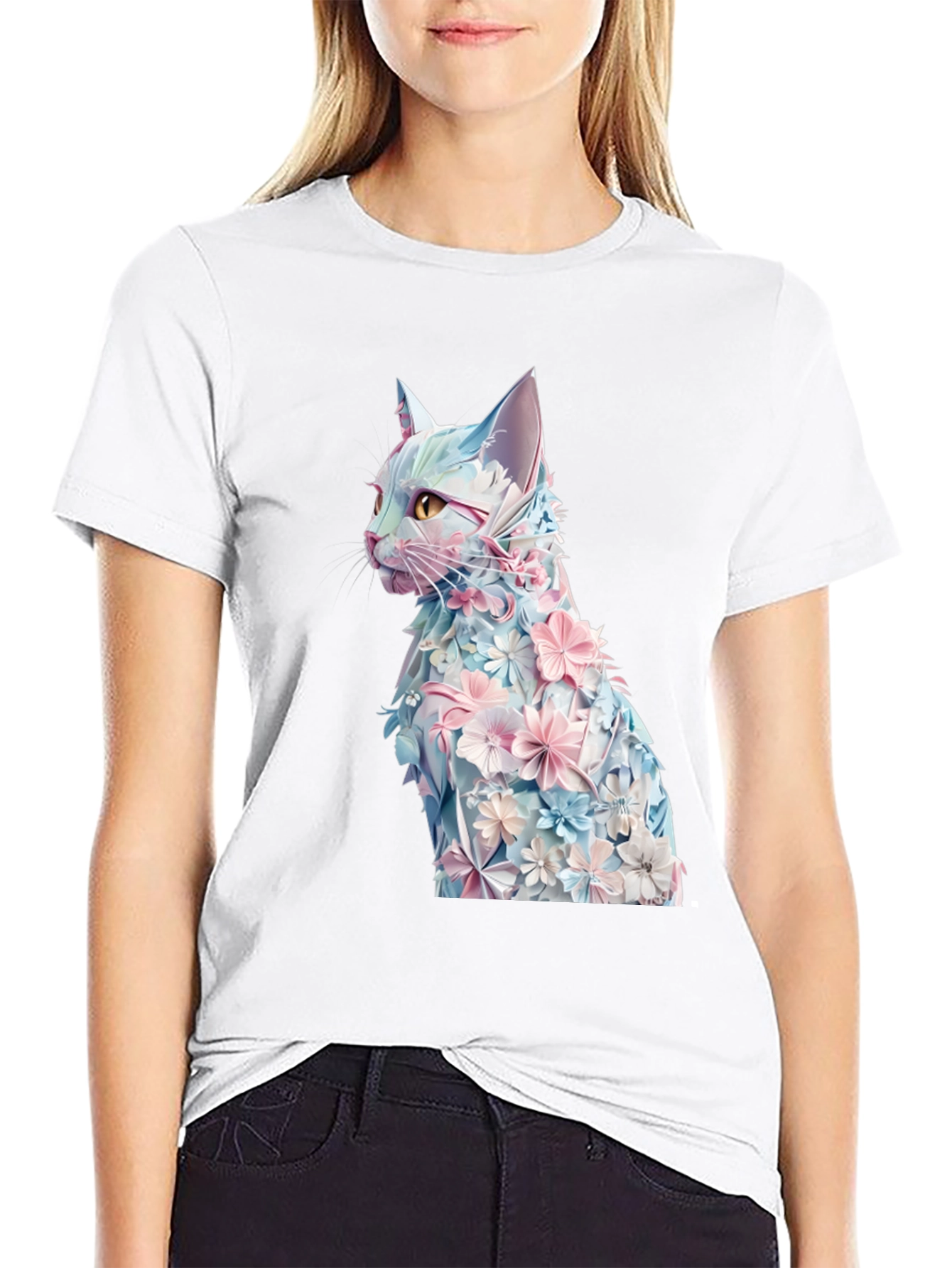 Black Floral Cat Graphic Tee - Stylish Black T-Shirt view 9