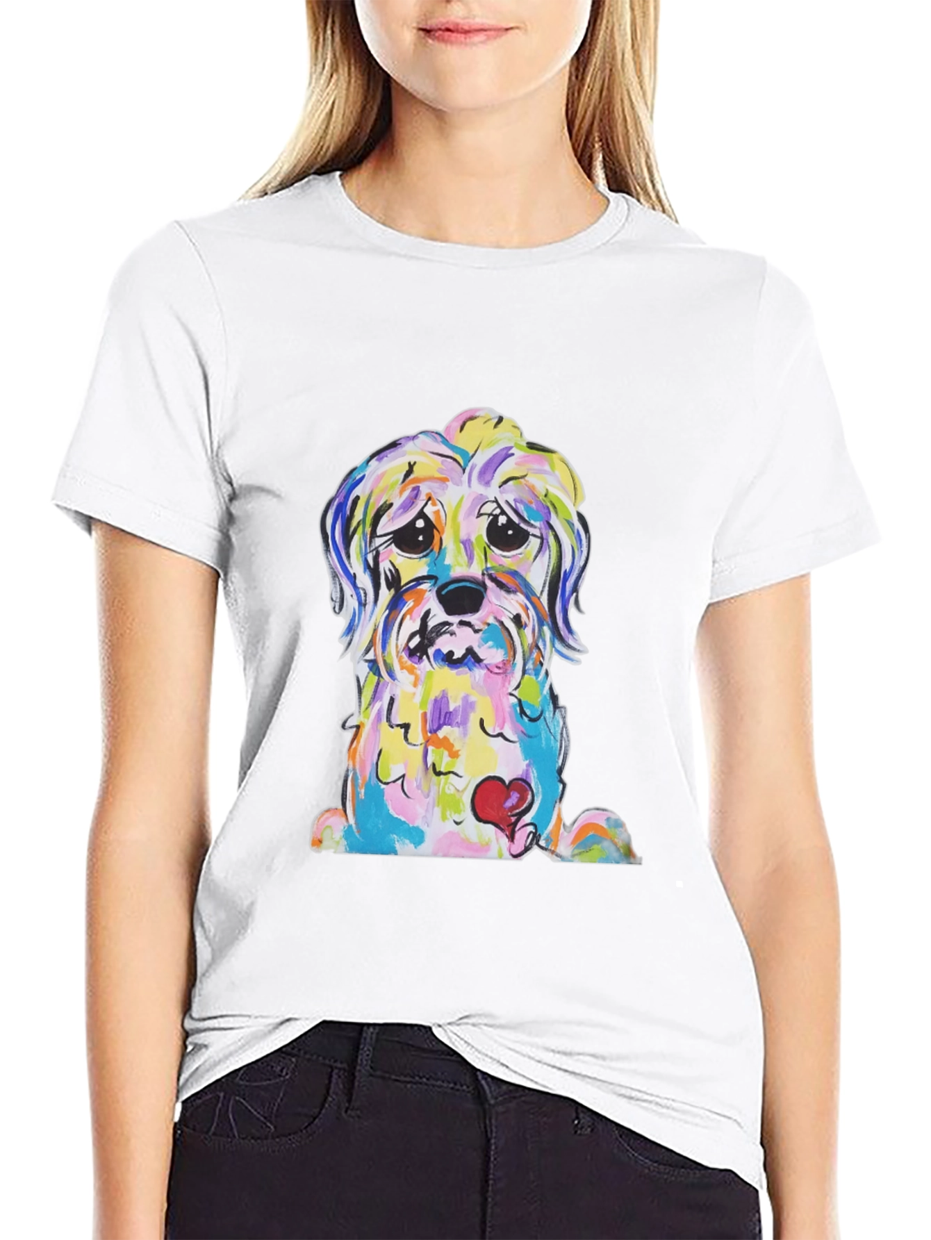 Black Dog With Heart Colorful Graphic T-Shirt view 9