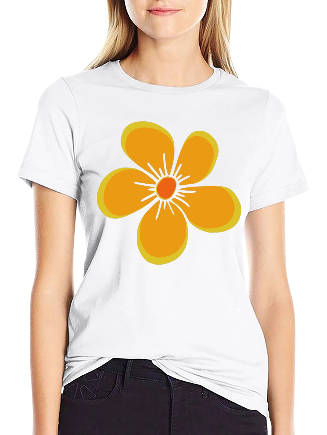 Black Black T-Shirt with Orange Flower Graphic view 9
