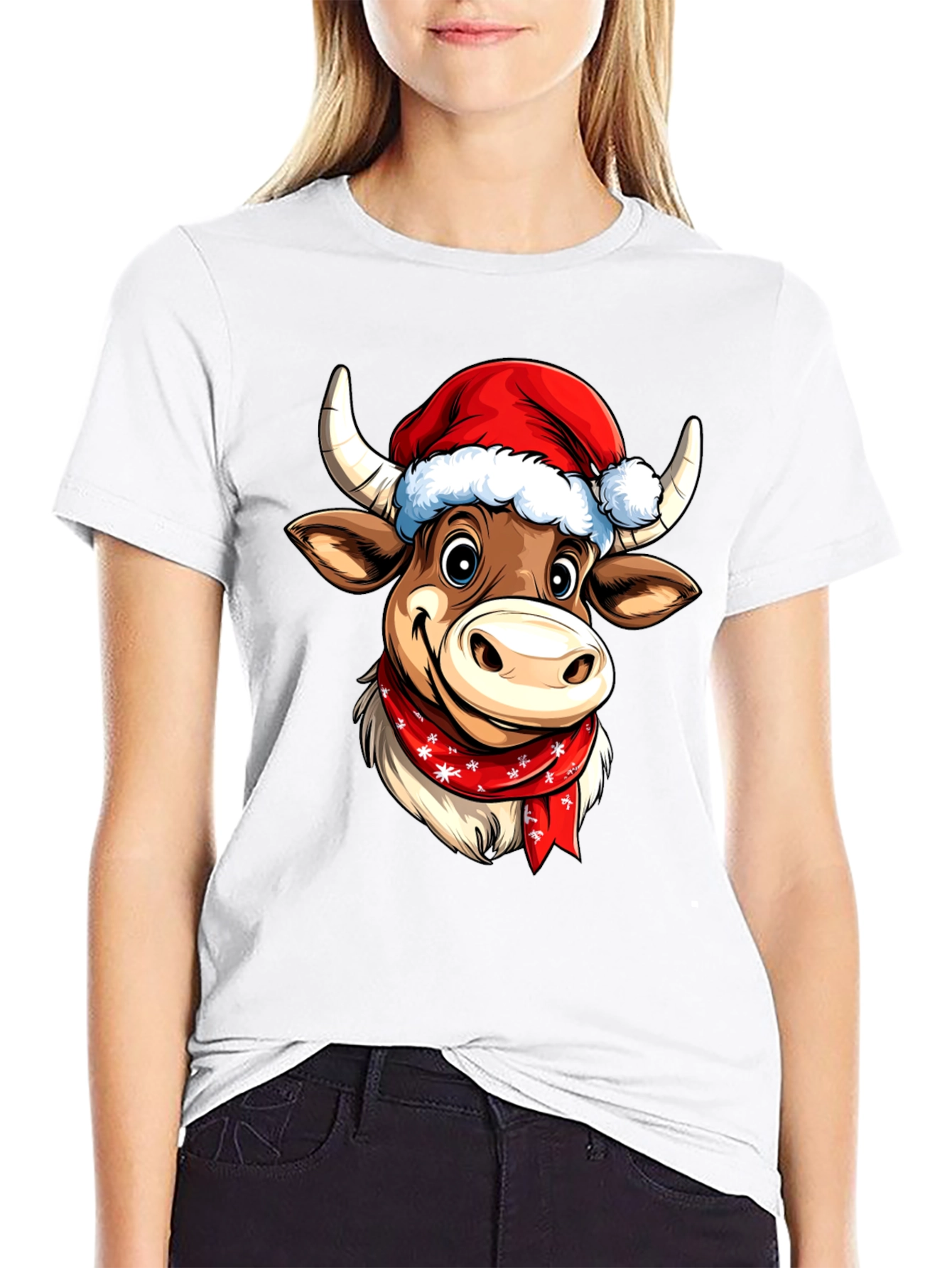 Black Festive Cartoon Cow T-Shirt view 9