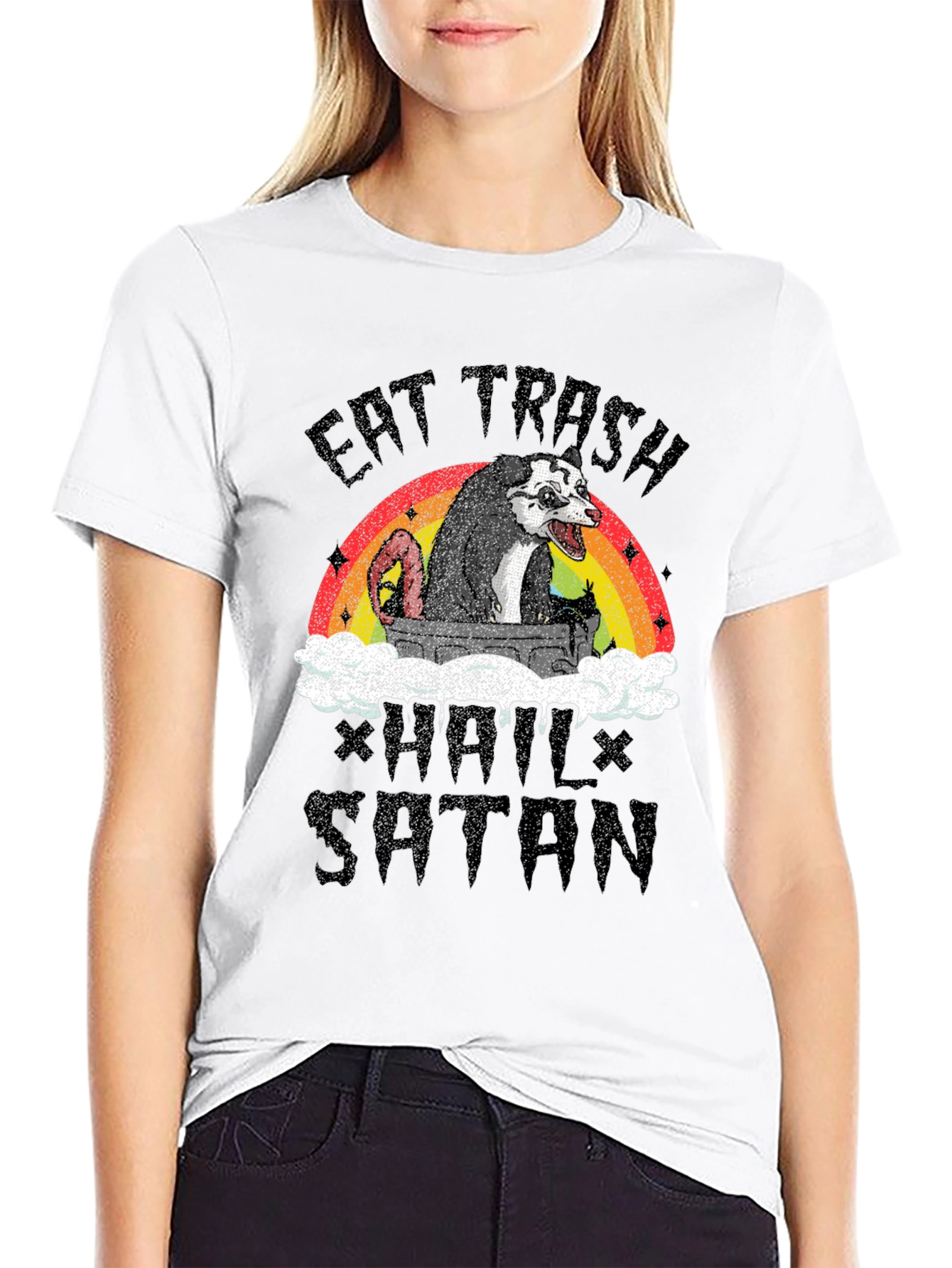 Black Eat Trash Hail Satan Opossum T-Shirt view 9
