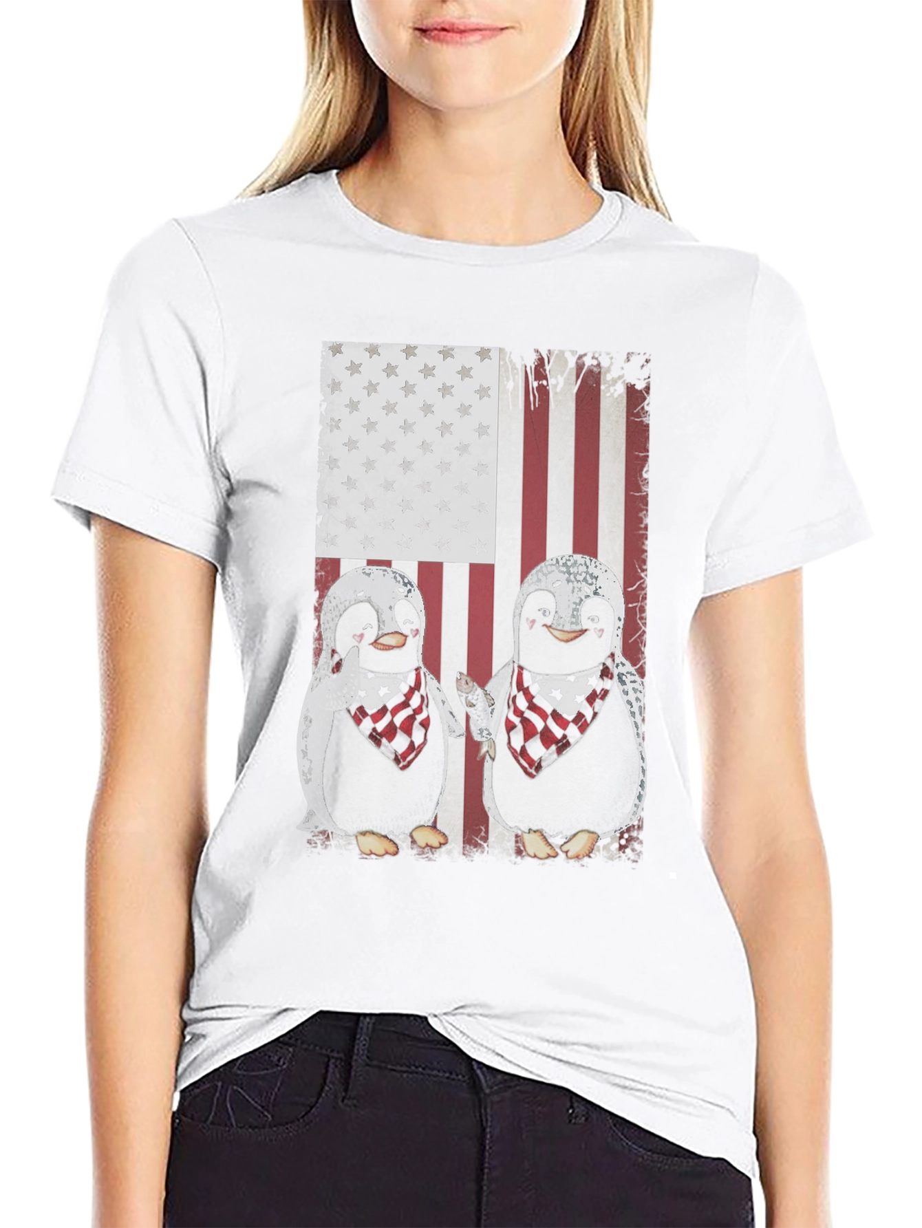 Black Patriotic Penguin American Flag Graphic T-Shirt view 9