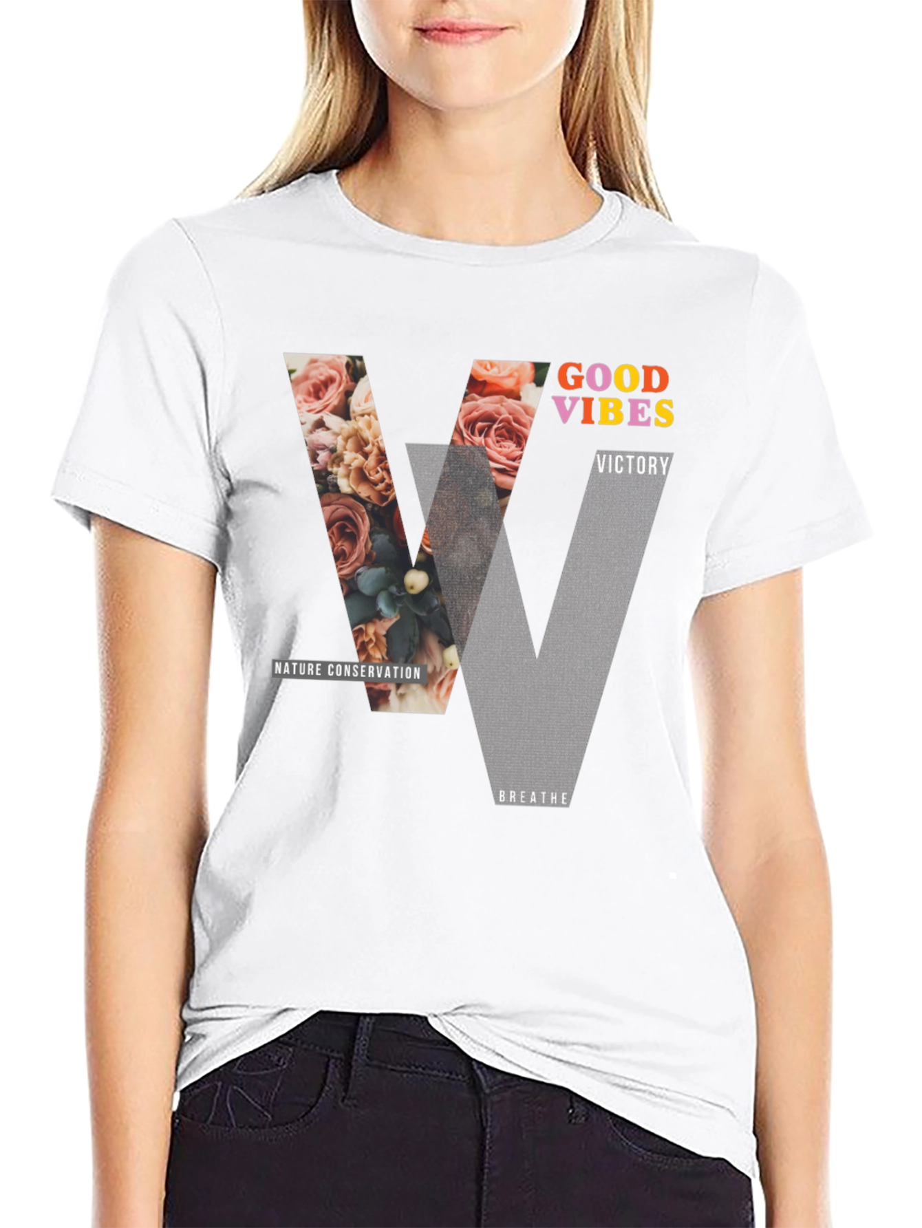 Black Good Vibes Graphic Tee - Nature Conservation Design view 9