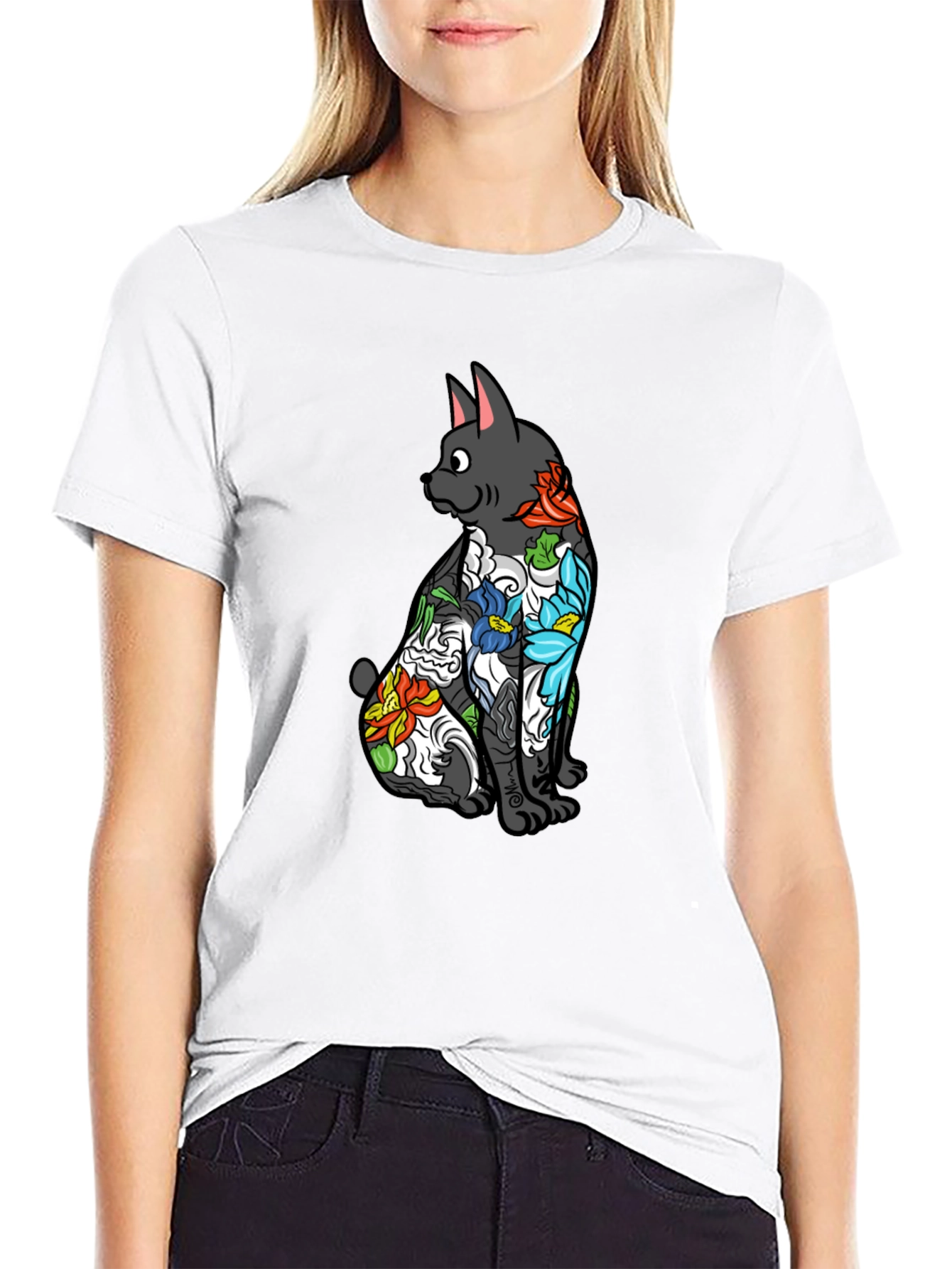 Black Floral Tattoo Cat Graphic Tee - Black Unisex Shirt view 9
