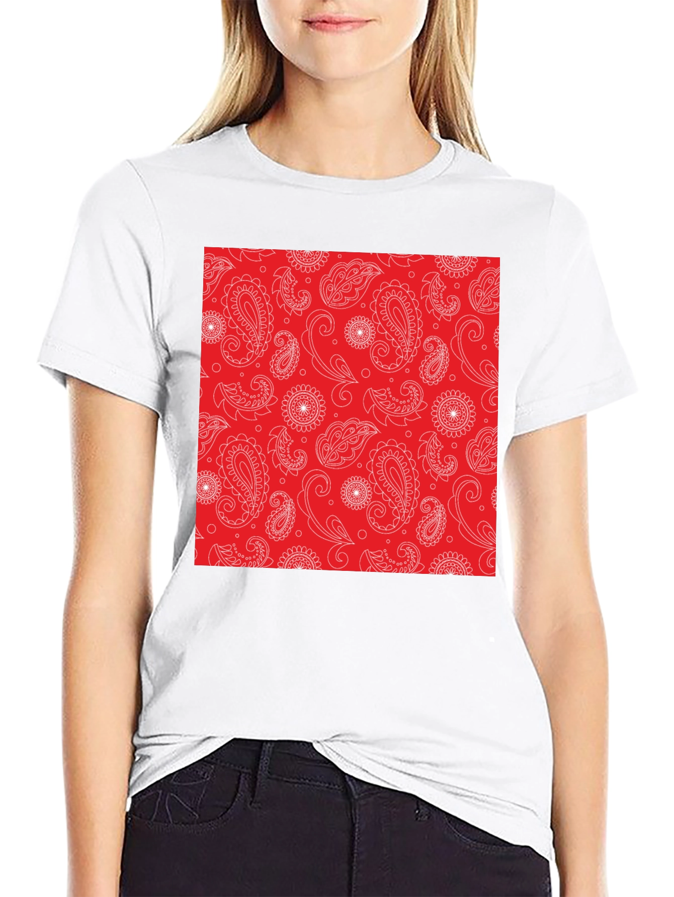 Black Red Paisley Patterned T-Shirt - Classic Style view 9