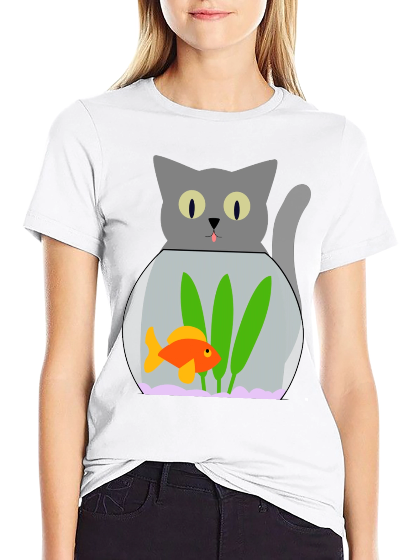 Black Cat & Goldfish Bowl Graphic T-Shirt - Novelty Tee view 9