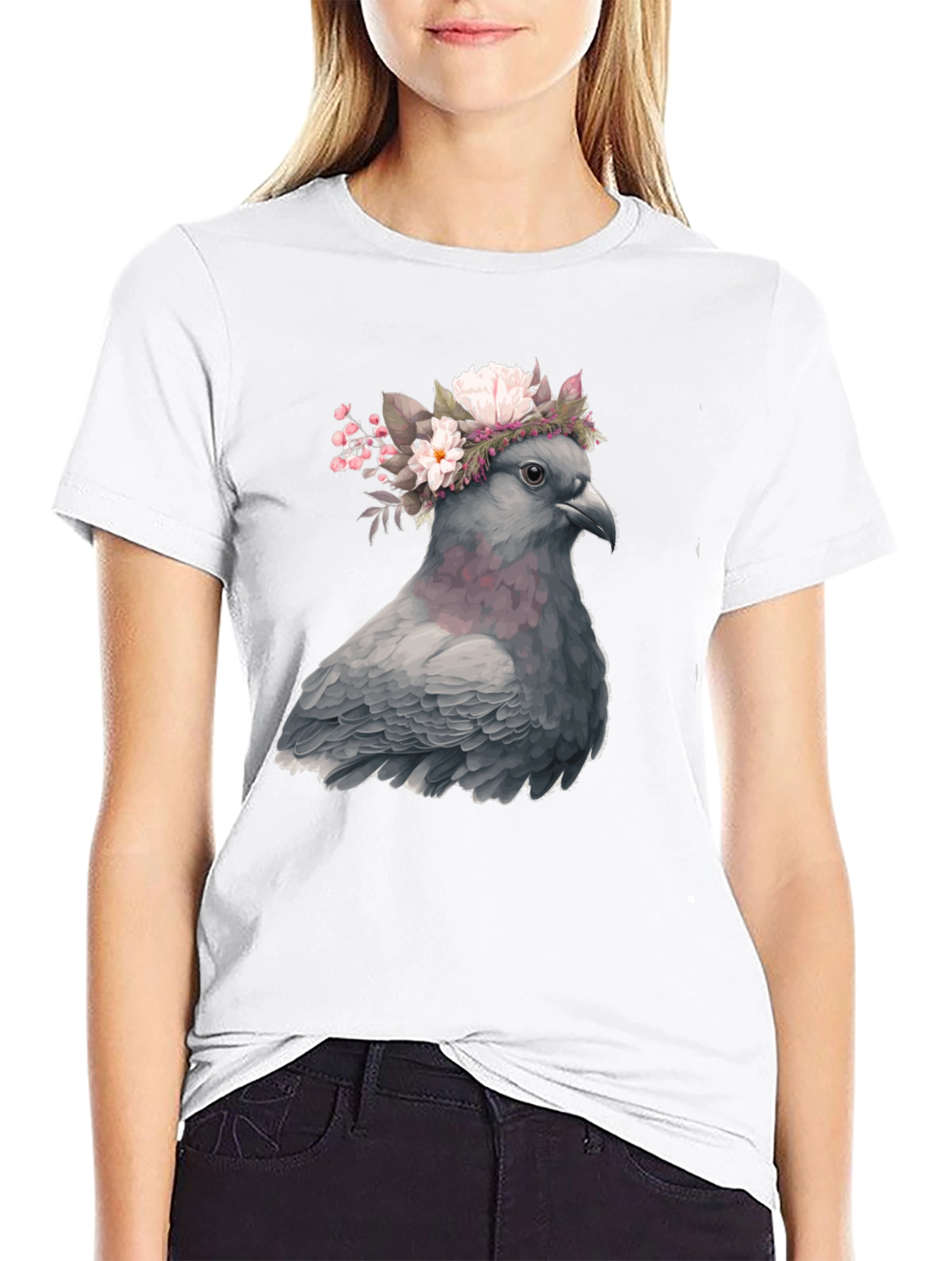 Black Pigeon Floral Crown Graphic Tee - Unique Bird Lover's Shirt view 9