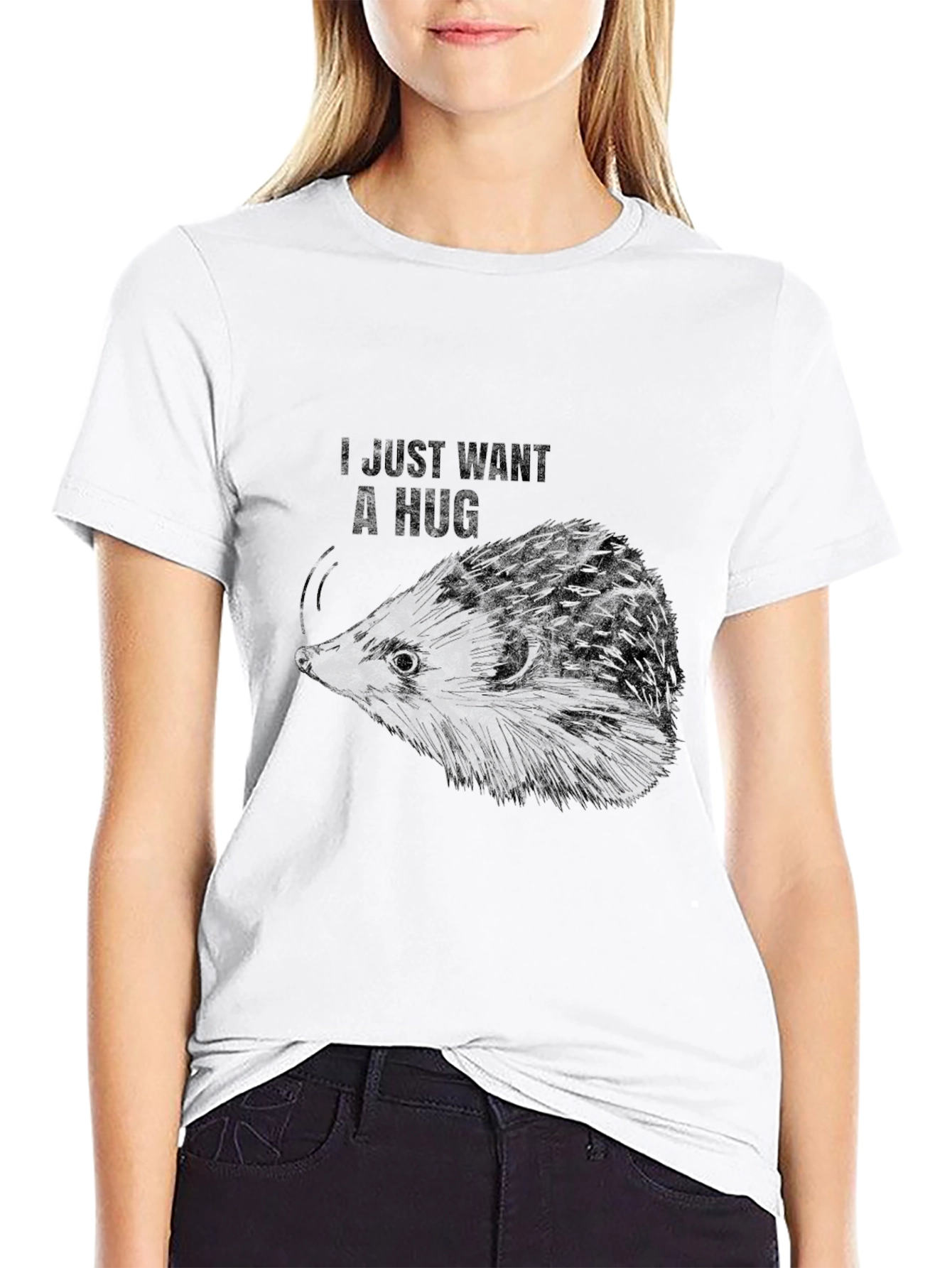 Black I Just Want A Hug Hedgehog Black T-Shirt view 9