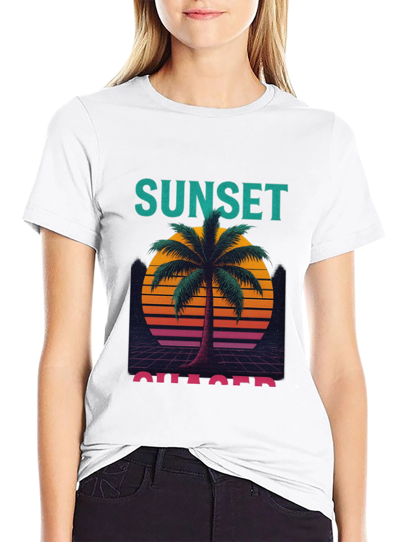 Black Sunset Chaser Graphic T-Shirt - Retro Palm Tree Design view 9