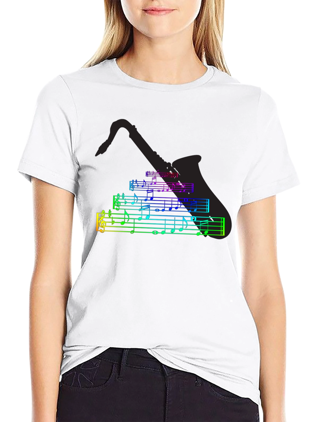 Black Music Notes Saxophone T-Shirt - Black Cotton Tee view 9