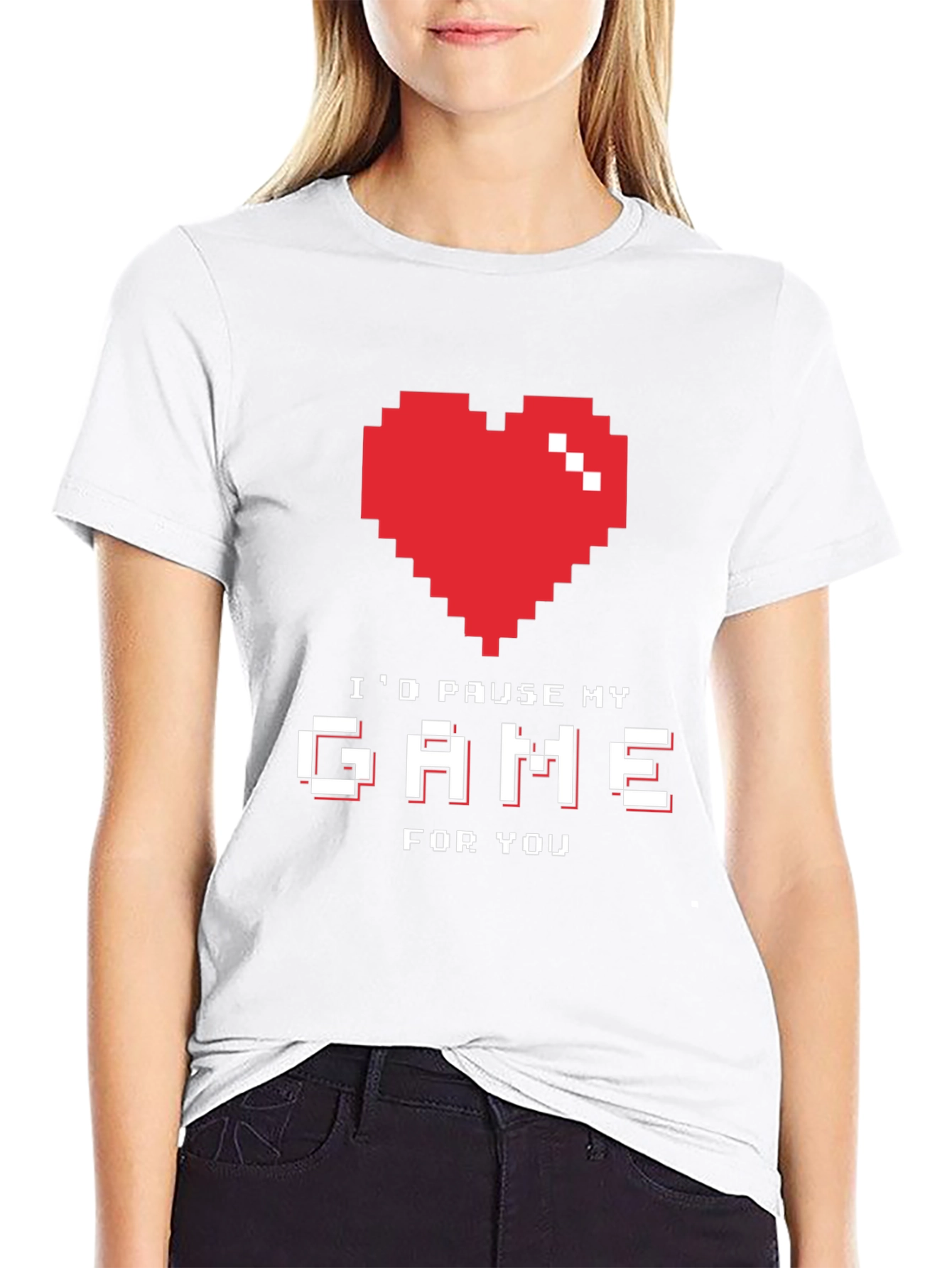 Black Gamer Love T-Shirt - I'd Pause My Game For You - Pixel Heart view 9