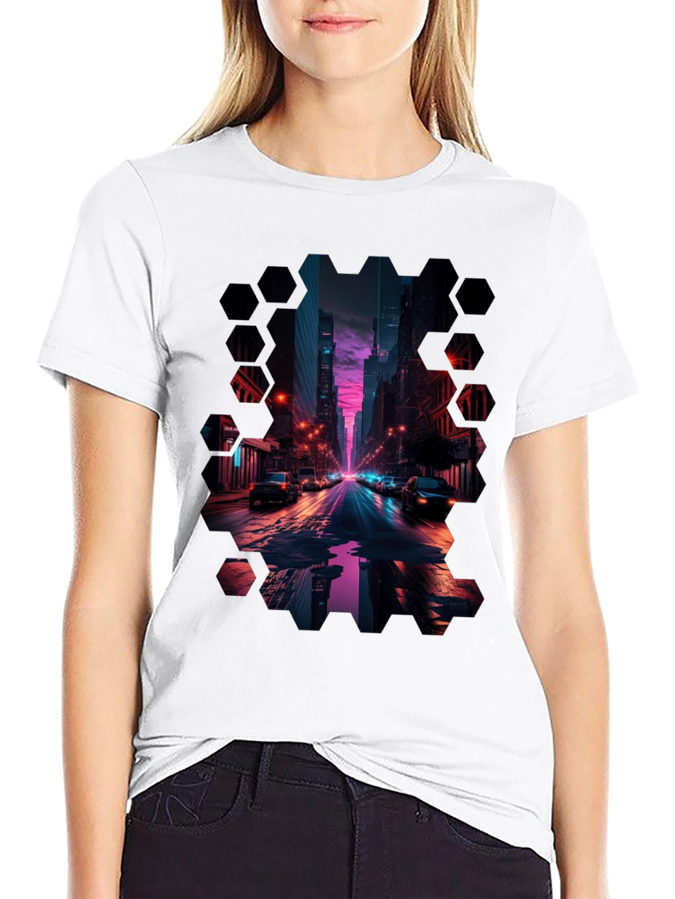 Black Cyberpunk Cityscape T-Shirt view 9