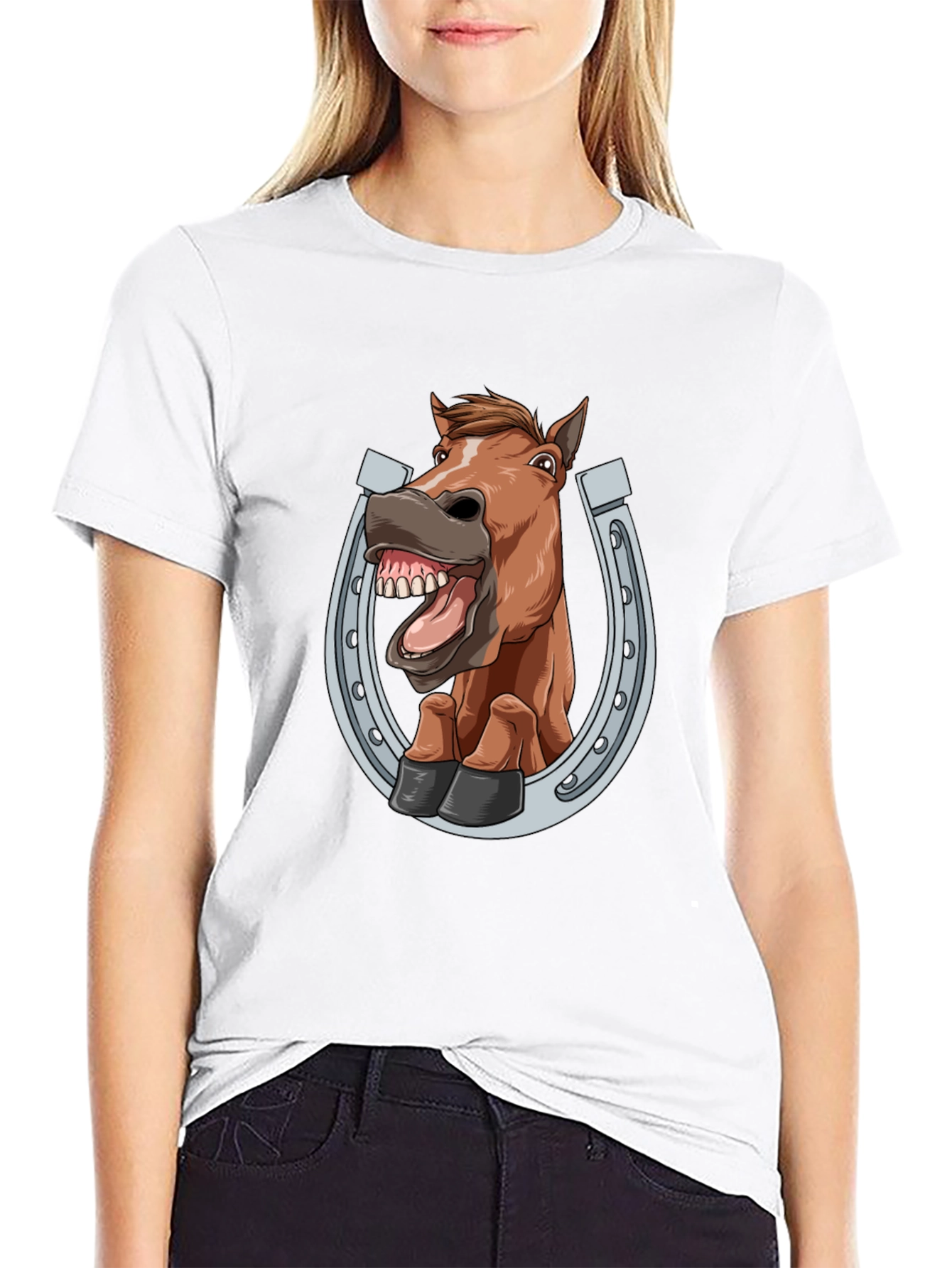 Black Funny Horse in Horseshoe Graphic Tee - Black T-Shirt view 9