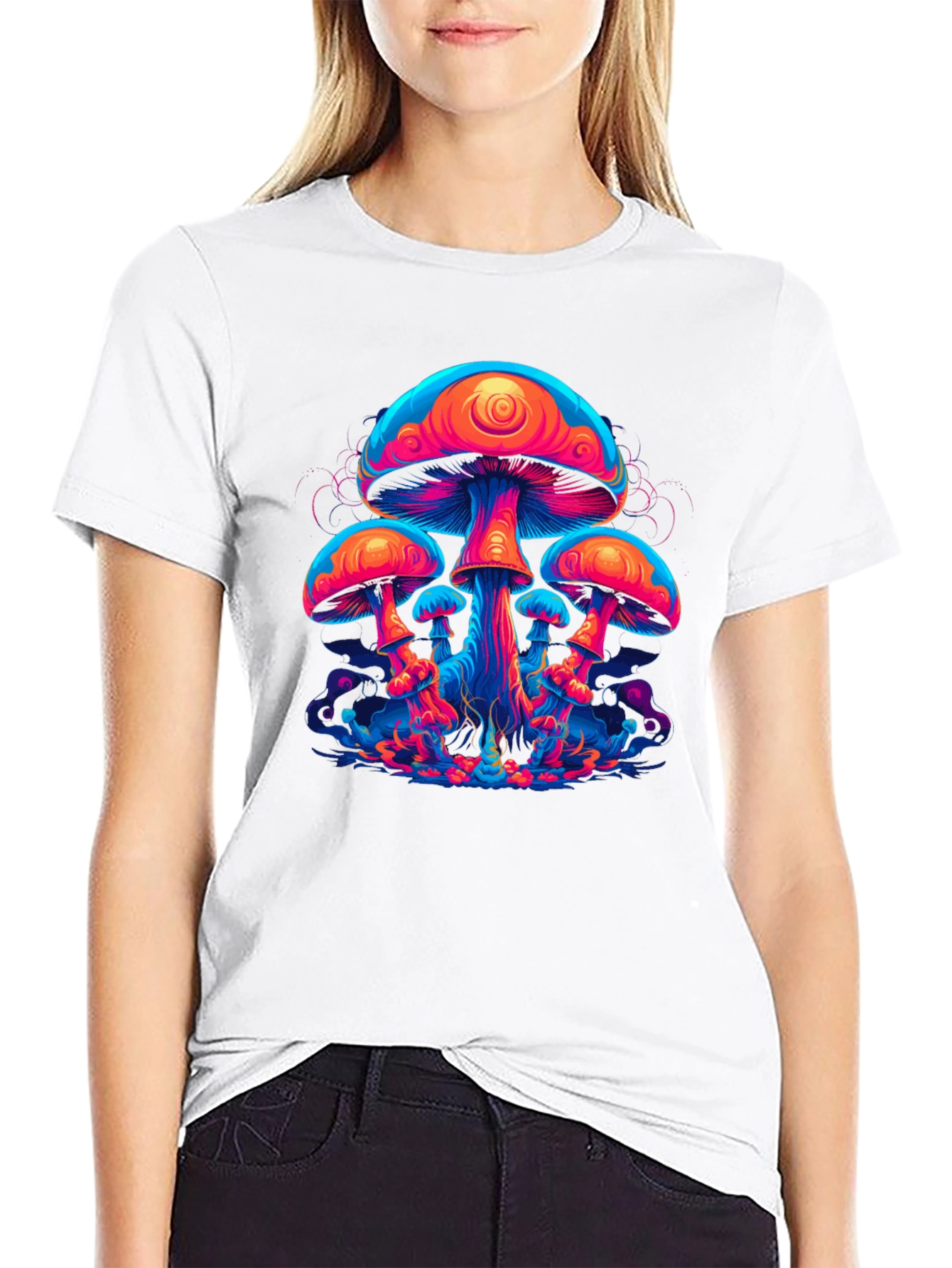 Black Neon Mushroom Graphic Tee - Psychedelic Black T-Shirt view 9