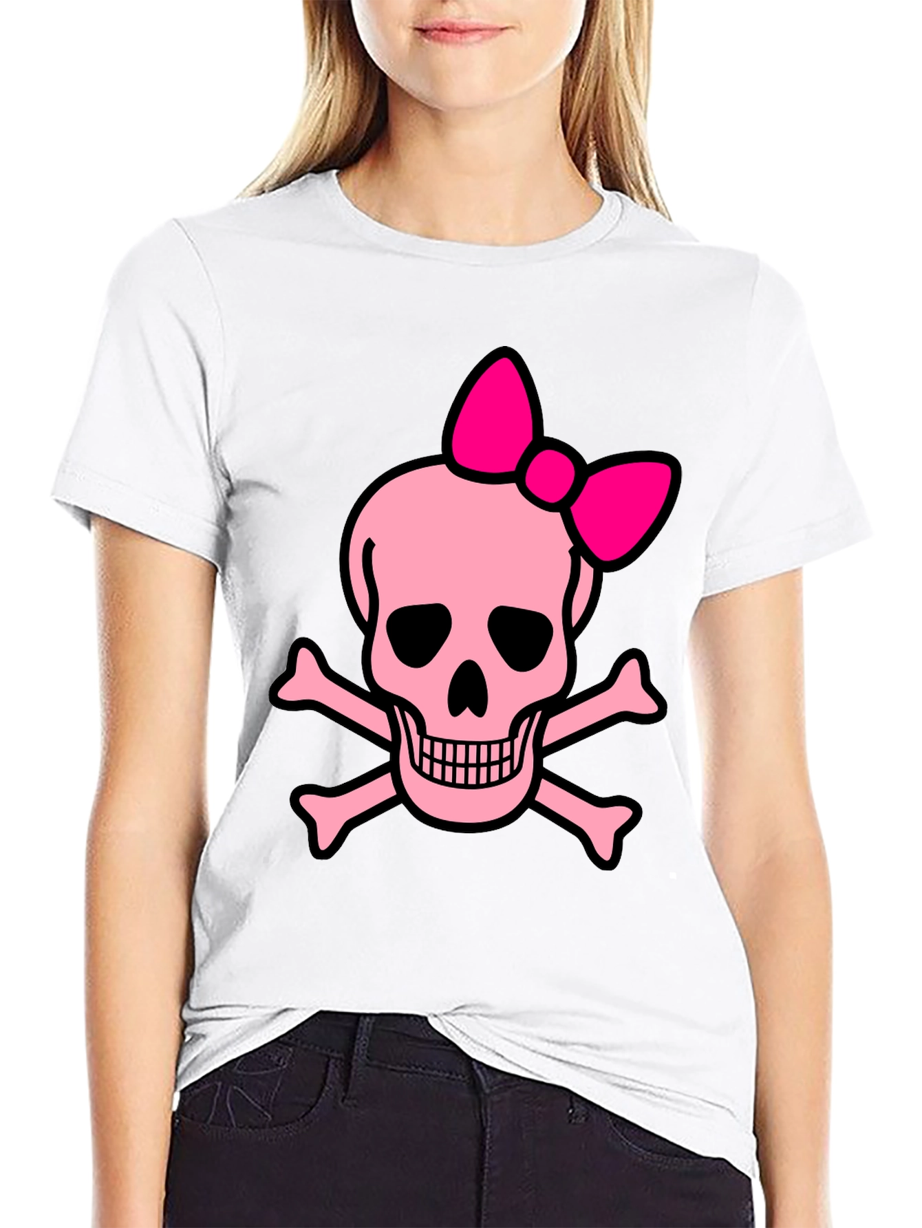 Black Pink Skull & Crossbones Bow T-Shirt view 9