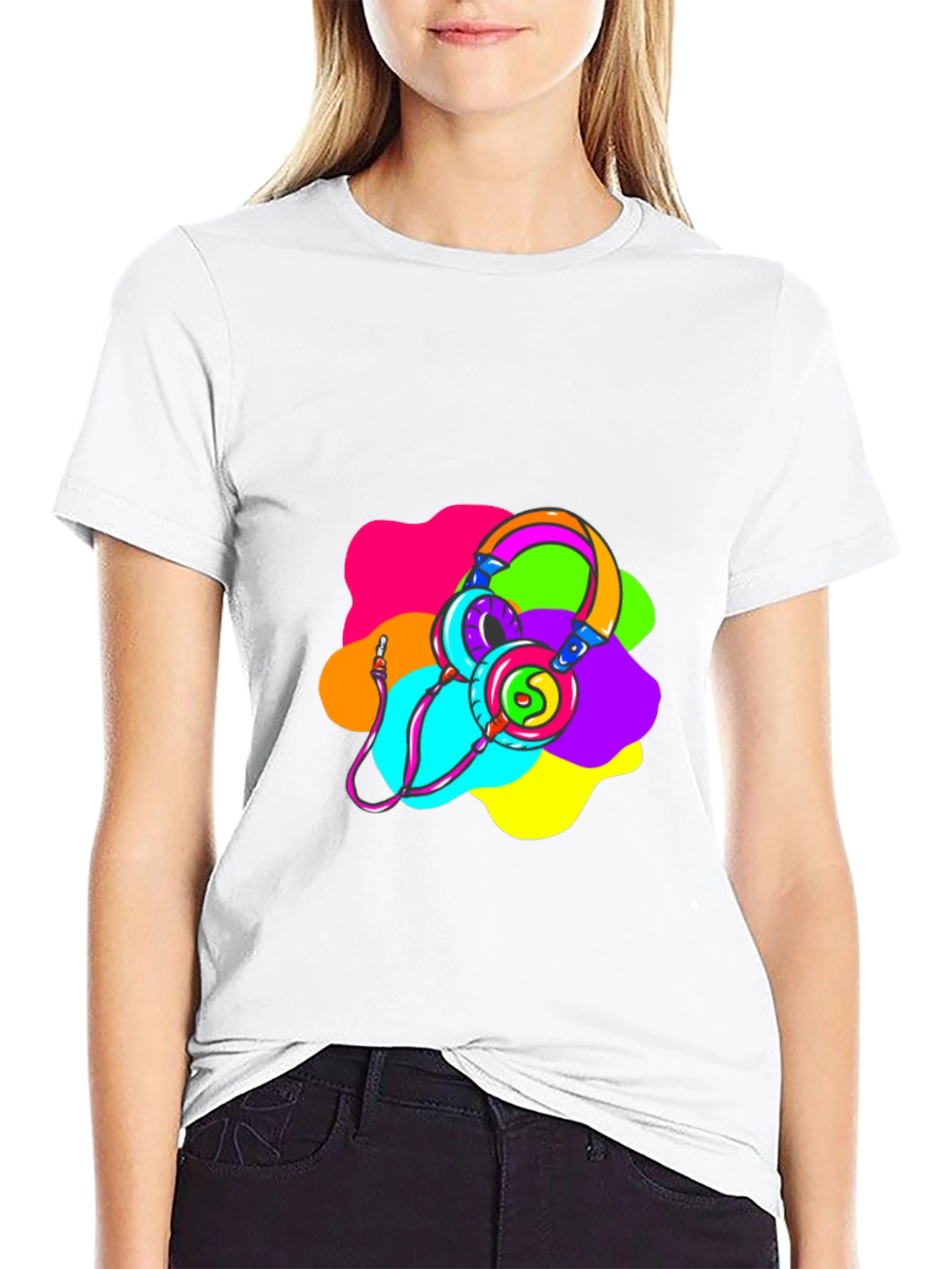 Black Vibrant Headphones Graphic T-Shirt view 9