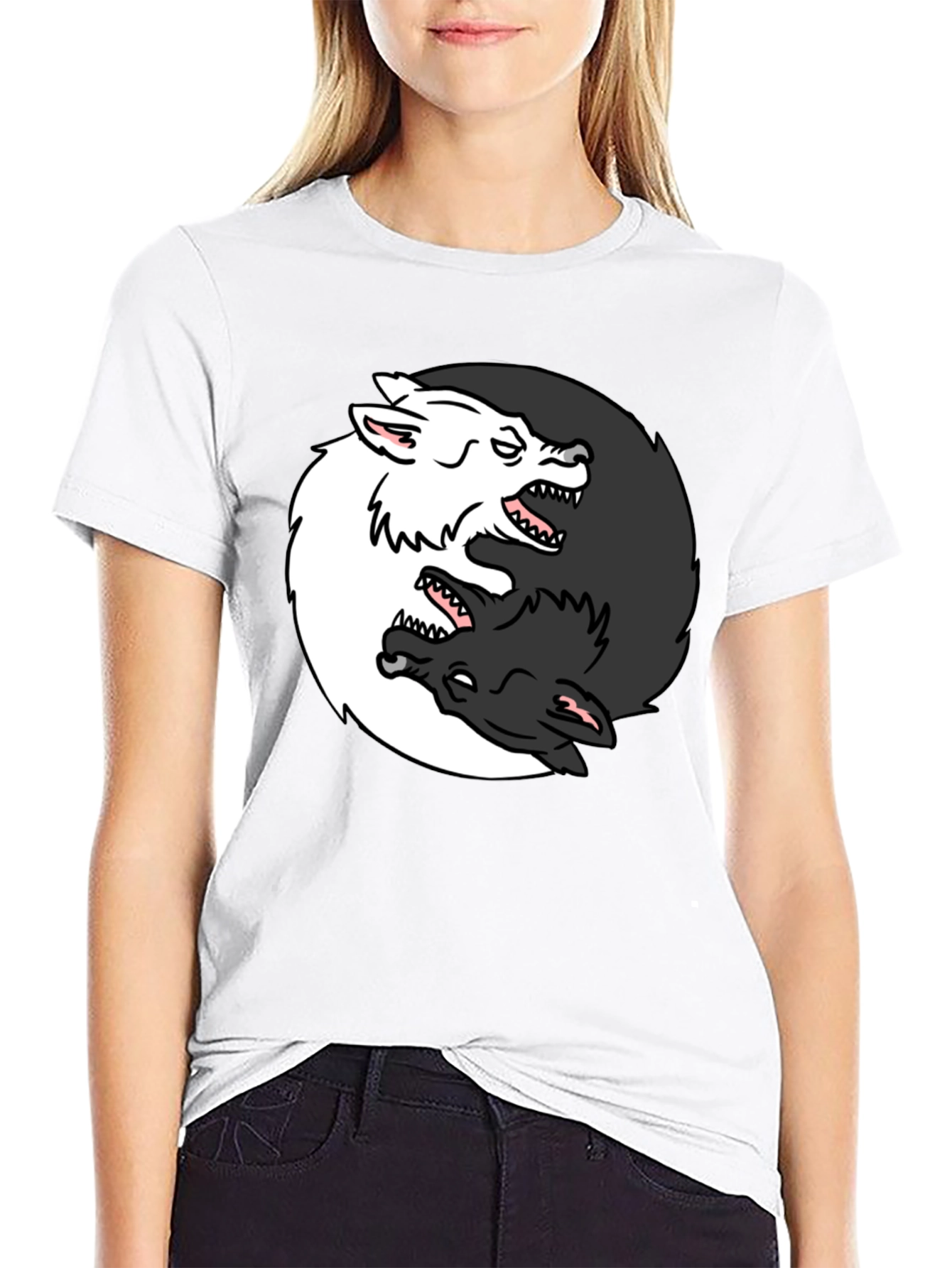 Black Yin Yang Wolves Graphic Tee - Black view 9