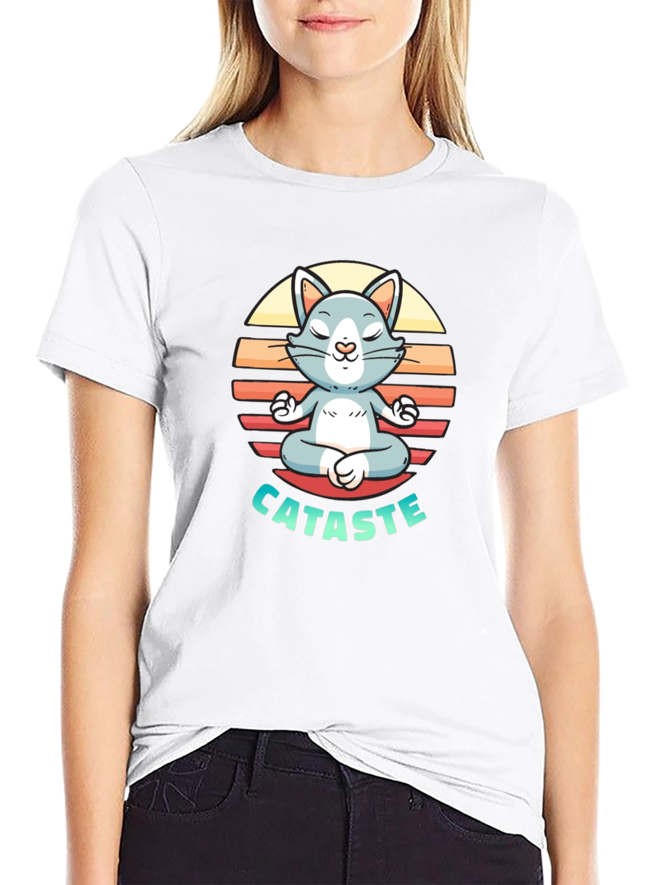 Black Cataste Yoga Cat T-Shirt - Meditating Funny Tee view 9