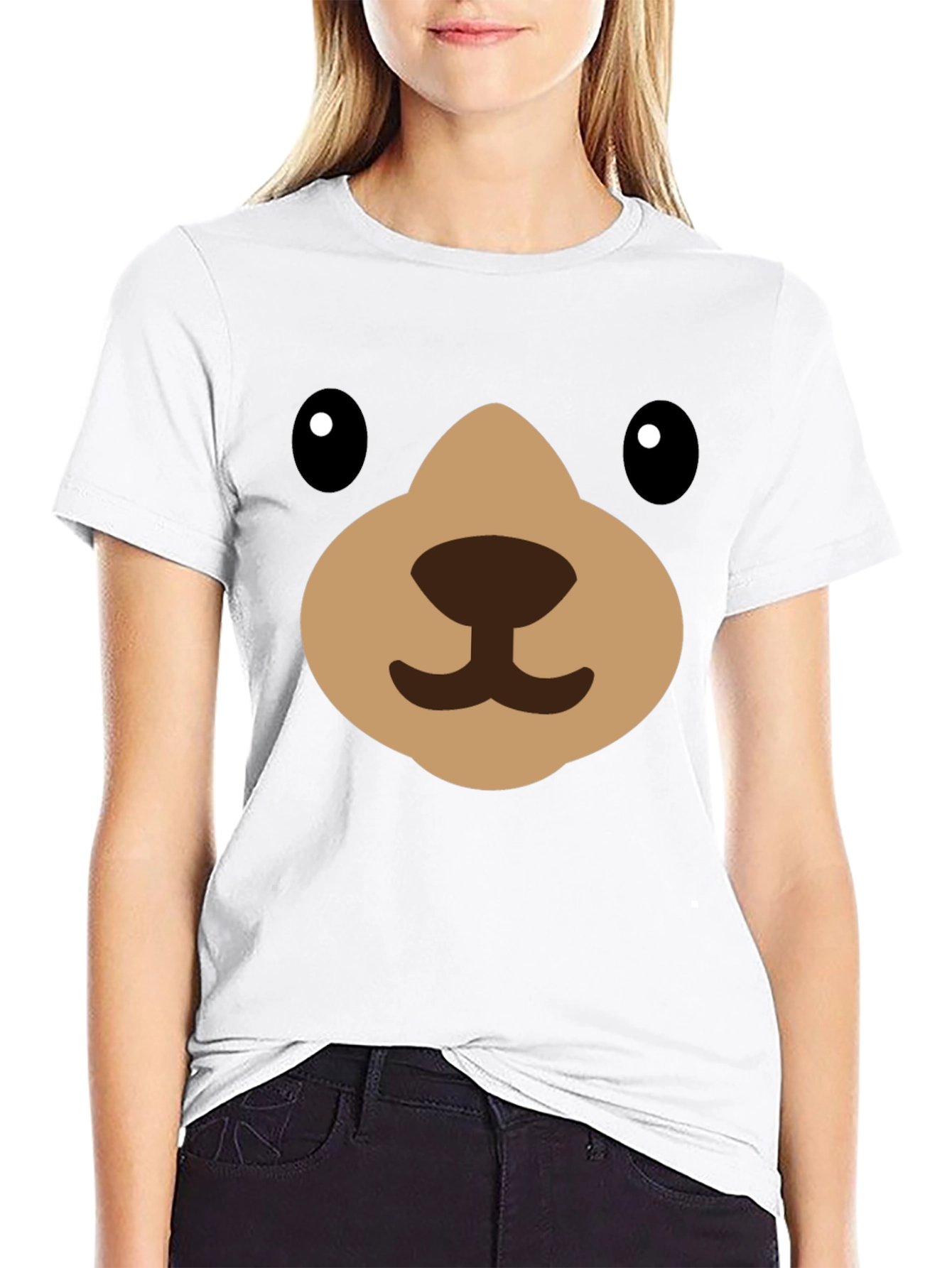 Black Cute Cartoon Bear Face Black T-Shirt view 9