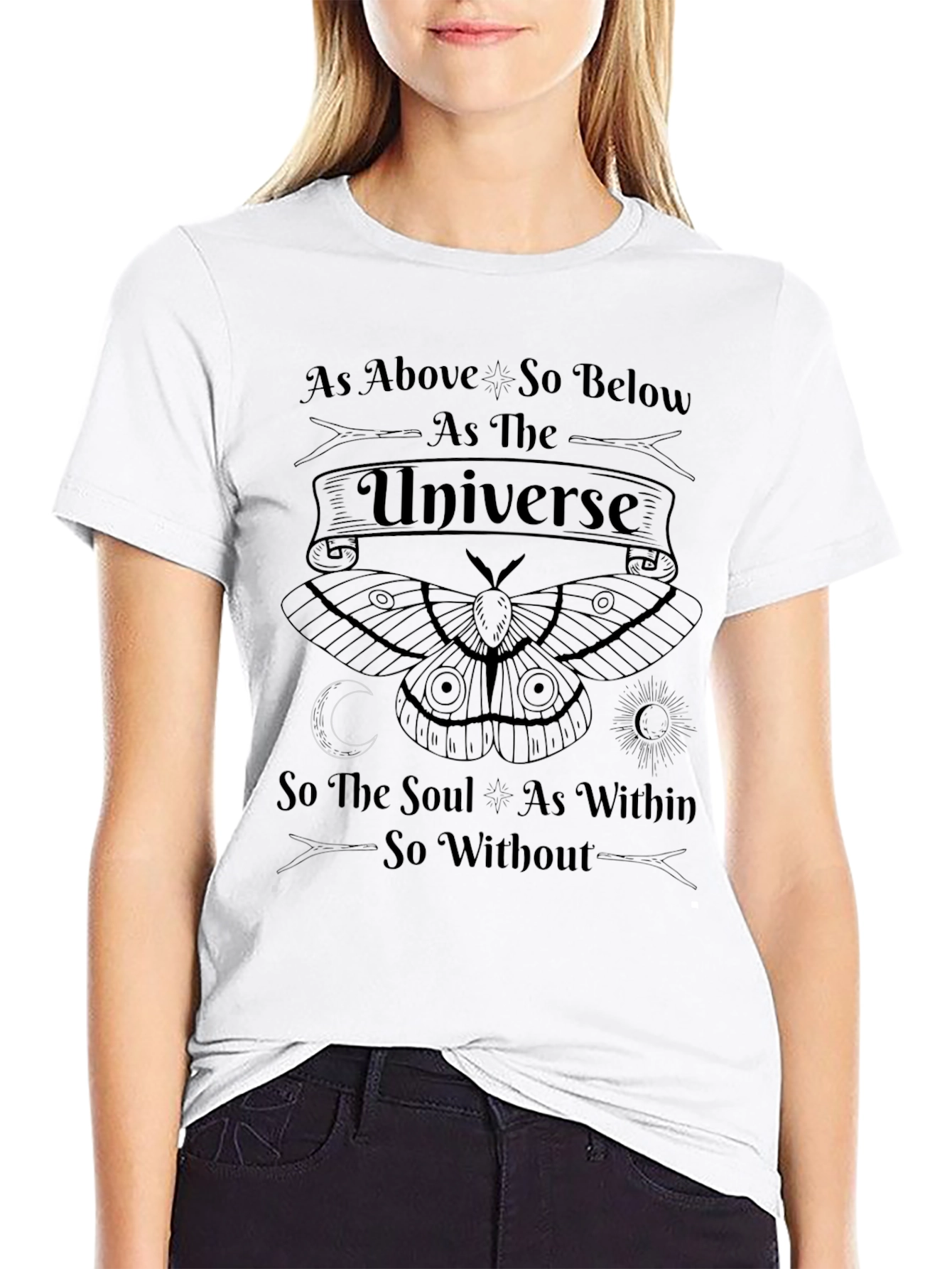 Black As Above So Below T-Shirt Universe Moth Graphic Tee view 9
