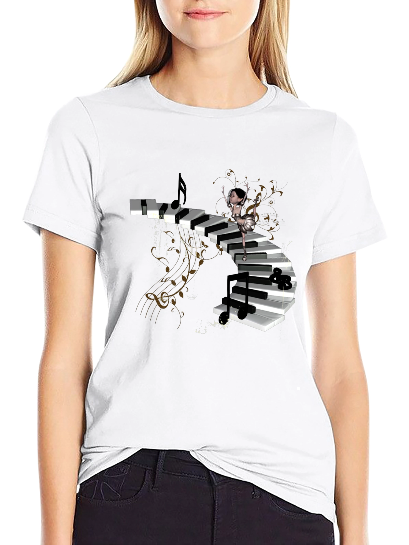 Black Piano Stairway Ballerina Black T-Shirt view 9