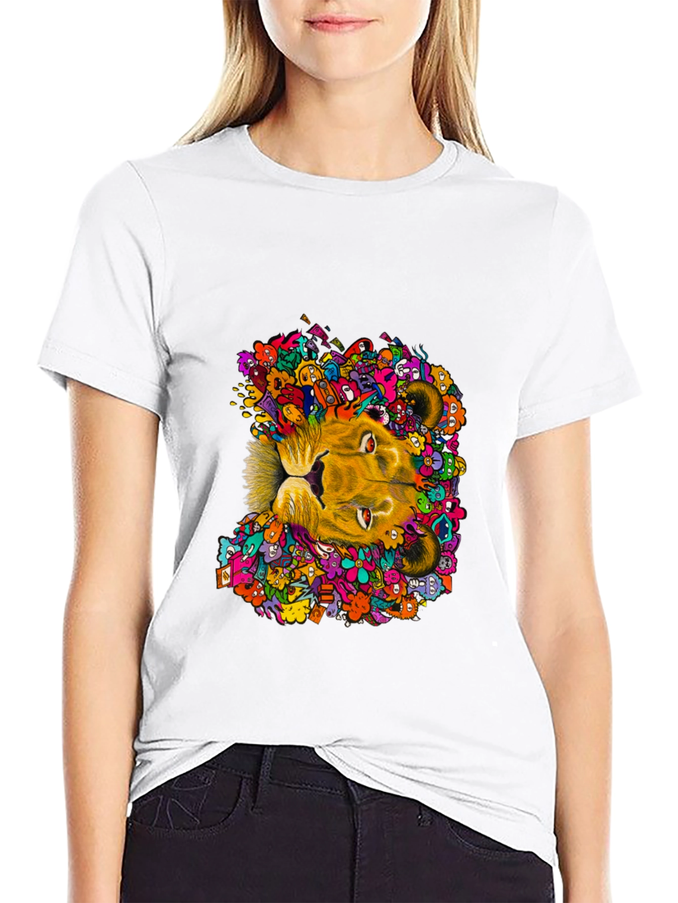 Black Lion Doodle Graphic Tee - Black Cotton T-Shirt view 9