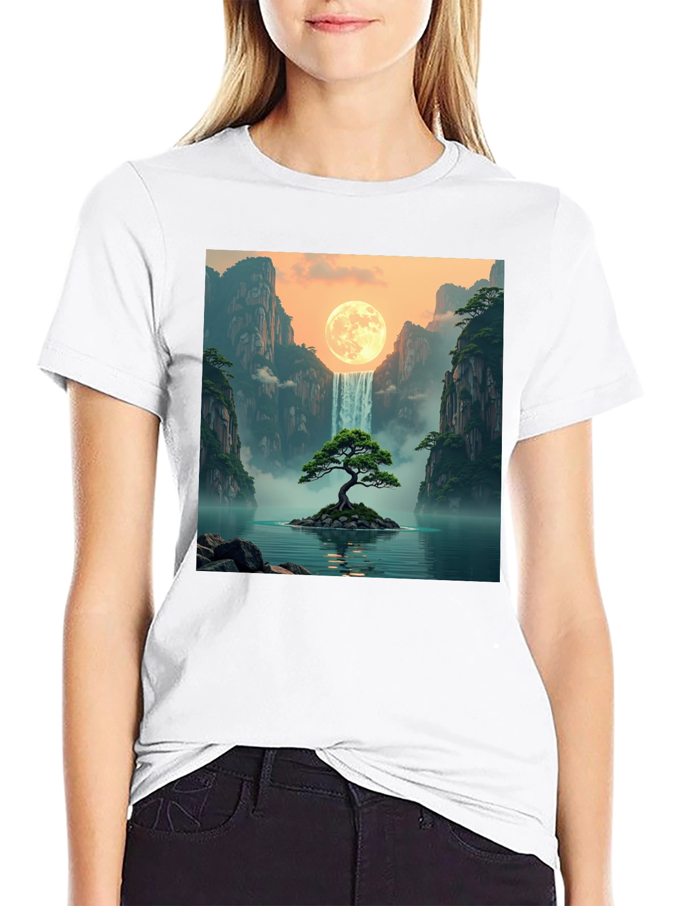 Black Waterfall Moon Bonsai Tree Graphic T-Shirt view 9