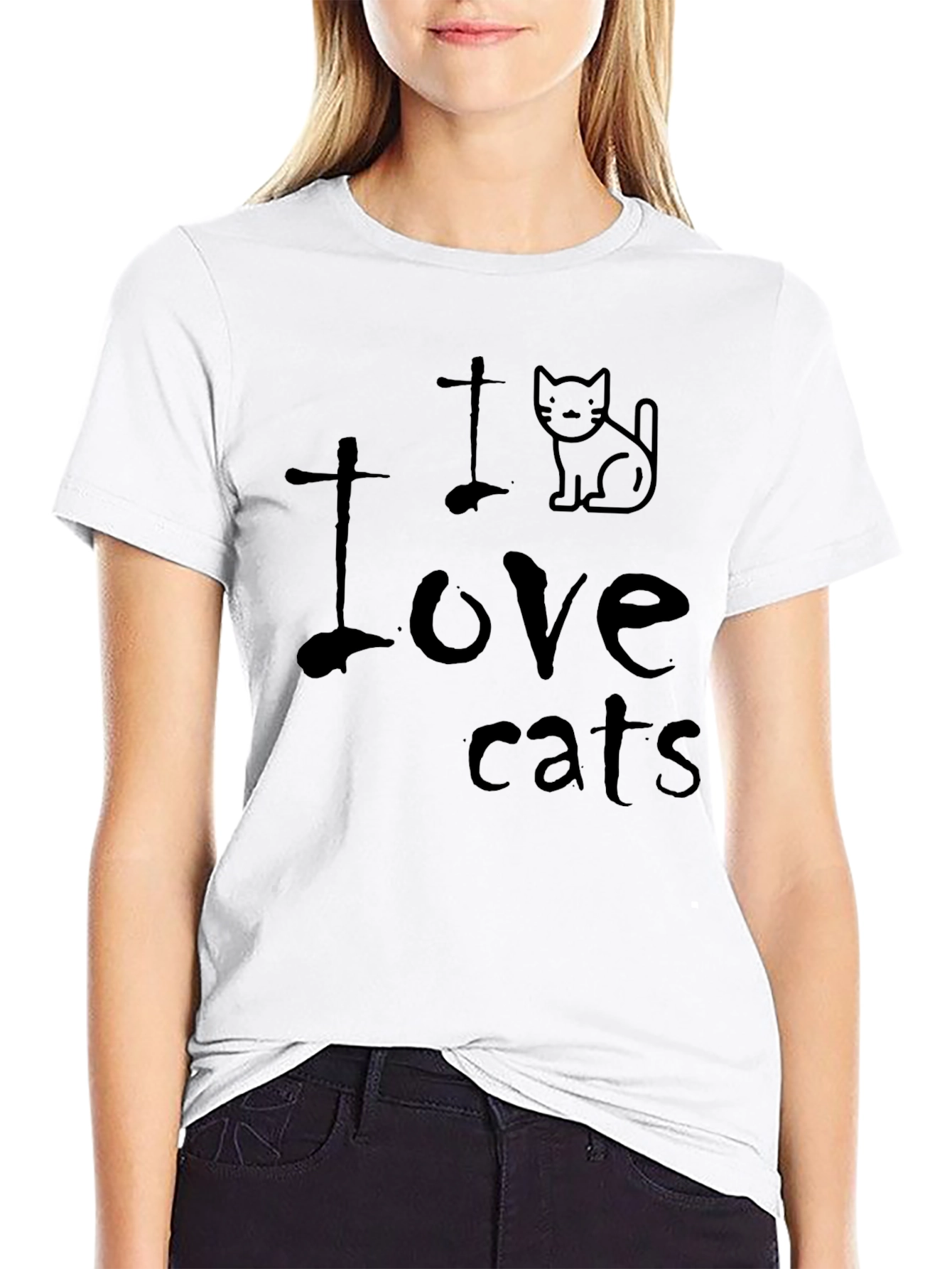 Black I Love Cats T-Shirt - Black Crew Neck view 9