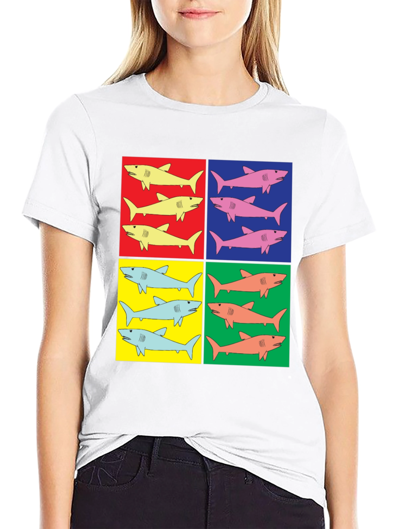 Black Shark Pop Art T-Shirt - Colorful Graphic Tee view 9