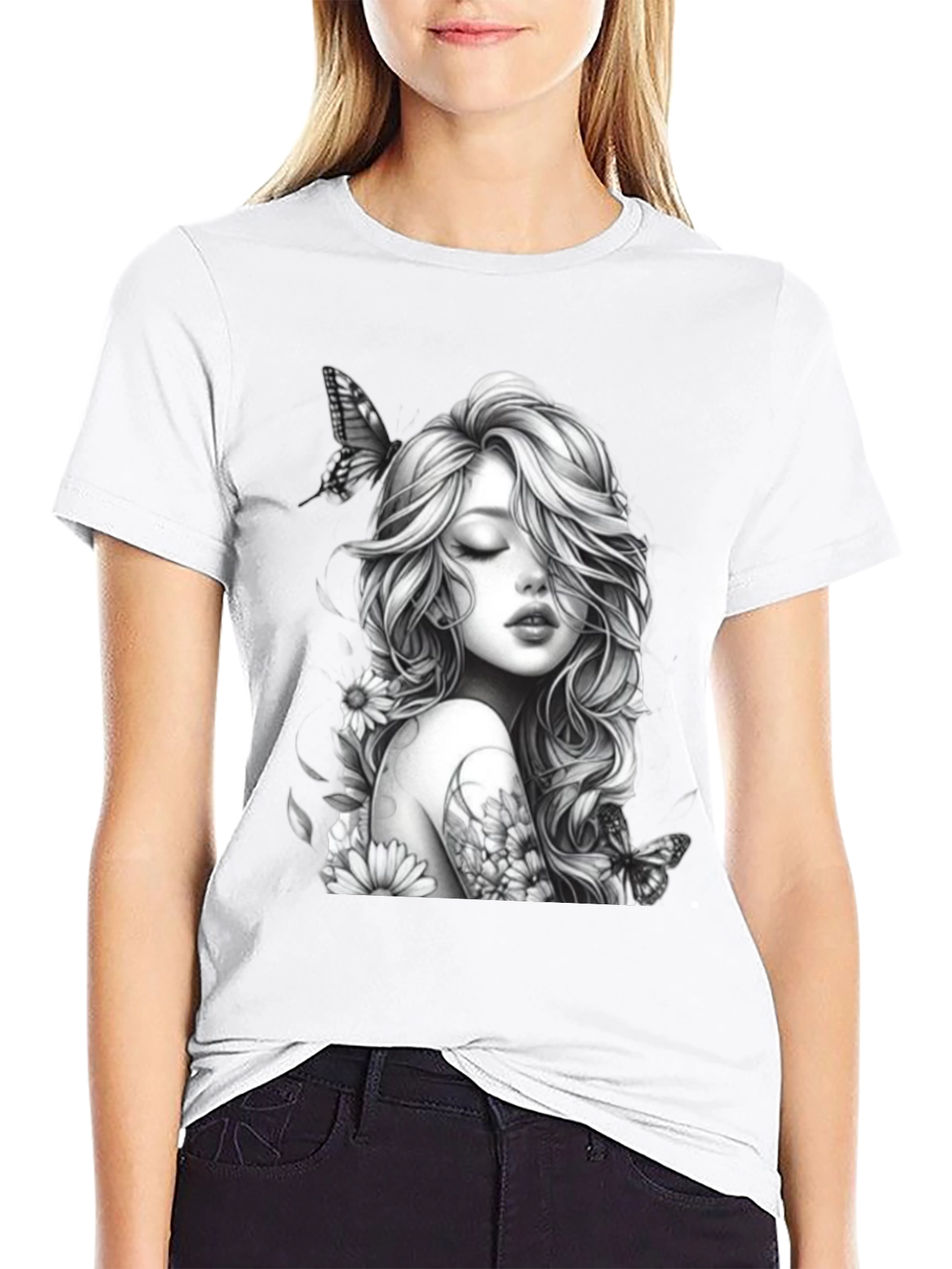 Black Black T-Shirt with Woman and Butterfly Design view 9